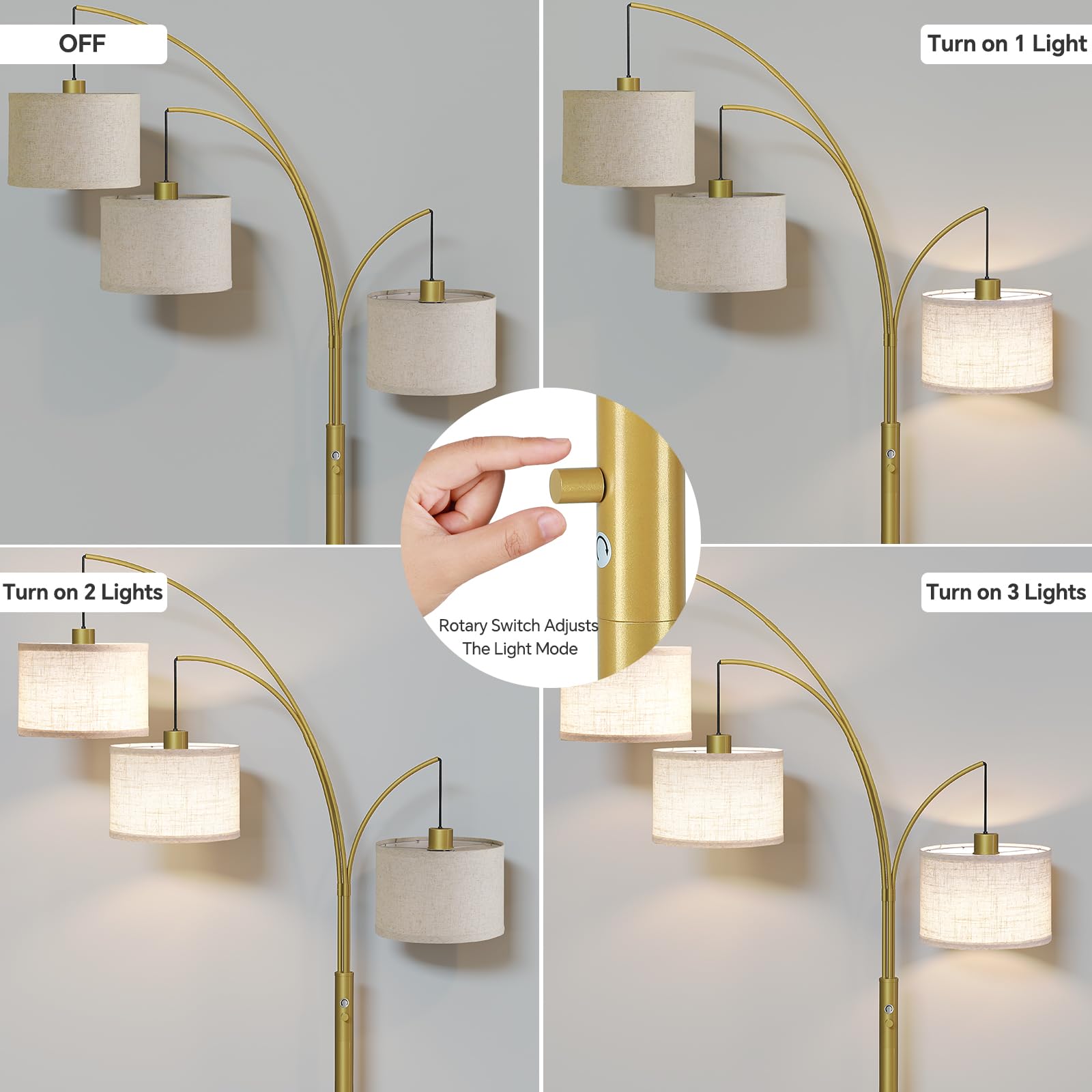 Sunmory 3 Lights Floor Lamp For Living Room, 78'' Tall Standing Lamp With Hanging Drum Shade, Modern Arc Floor Lamps With Heavy