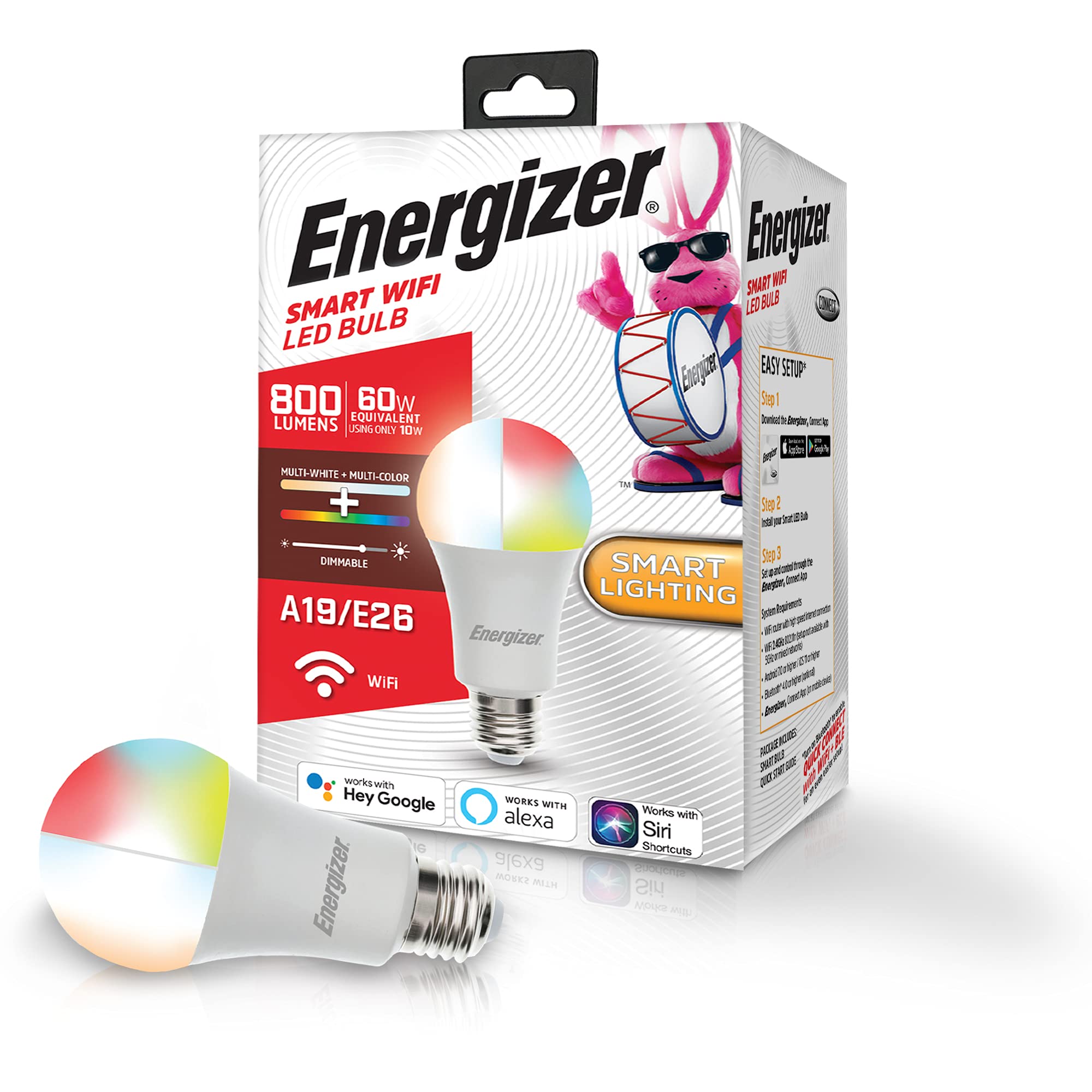Energizer Smart Wi-Fi Led Light Bulb, Multi-White & Color, 60W, Works With Alexa & Google Assistant