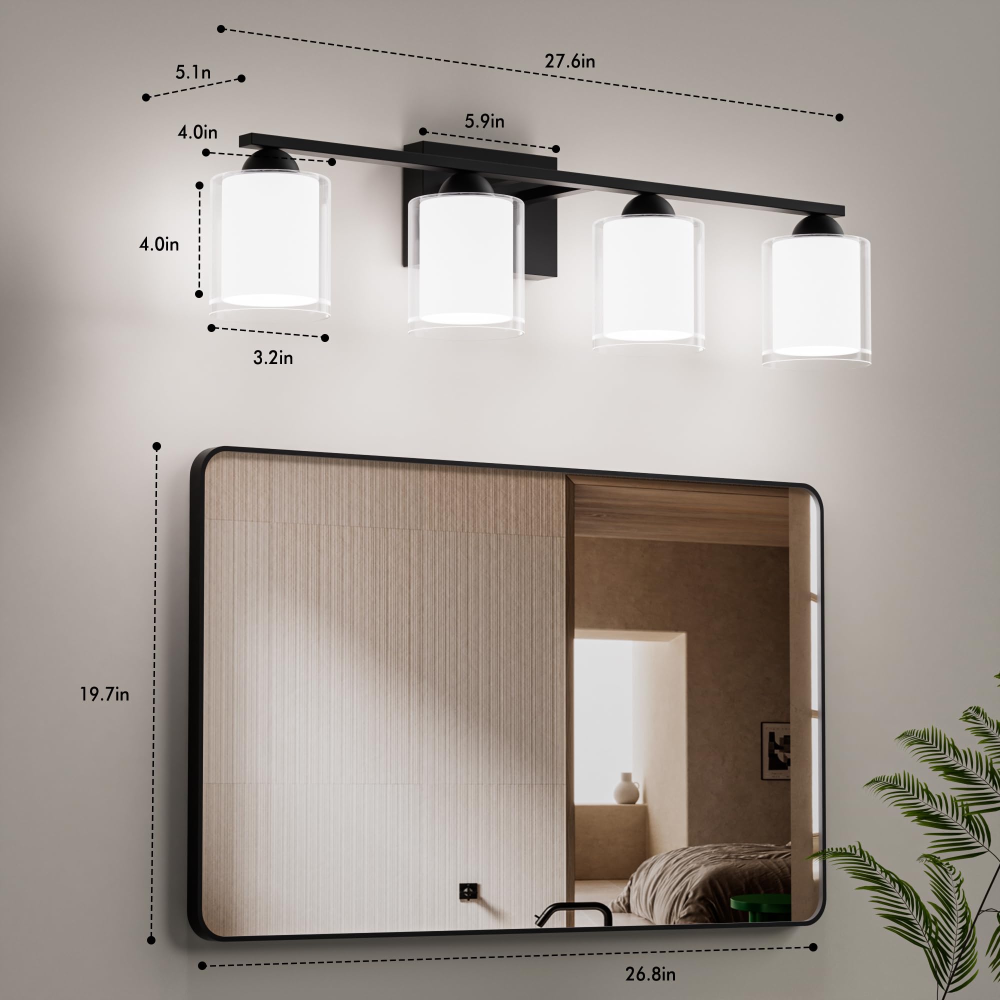 Quntis Black Bathroom Lighting Fixtures Over Mirror With 5 Color Modes  4 Light Dimmable Led Bathroom Vanity Light  With Eye Care Milk White Frosted Glass  28W Energy Saving  27 Inch (Bulbs Included)