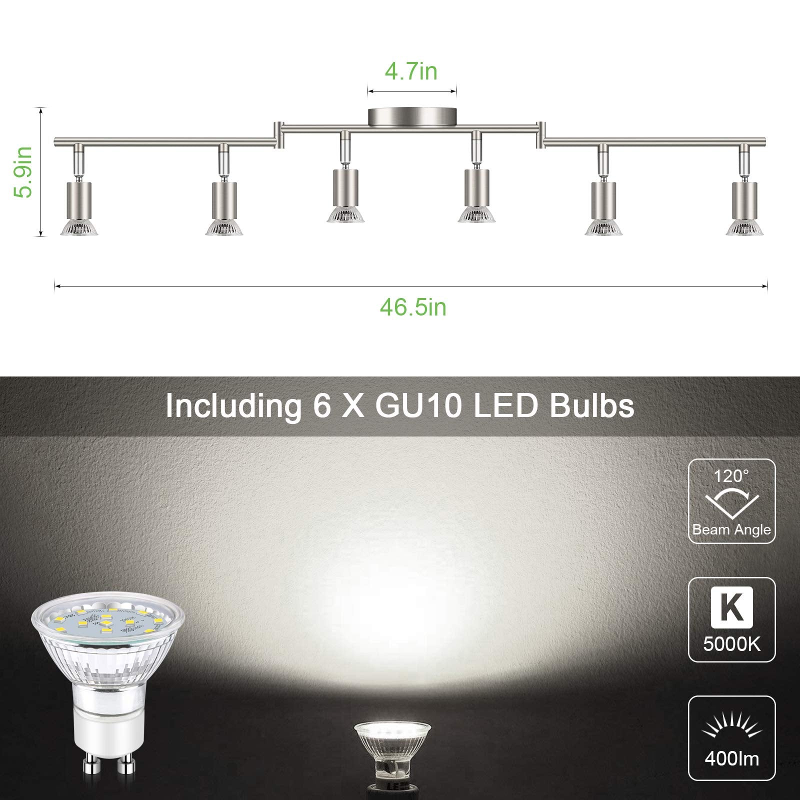 Unicozin LED Track Lighting Kit, 6 Light, Matt Nickel, 6 x 4W GU10 Bulbs, Modern Design, Model 516k5fhTcwL