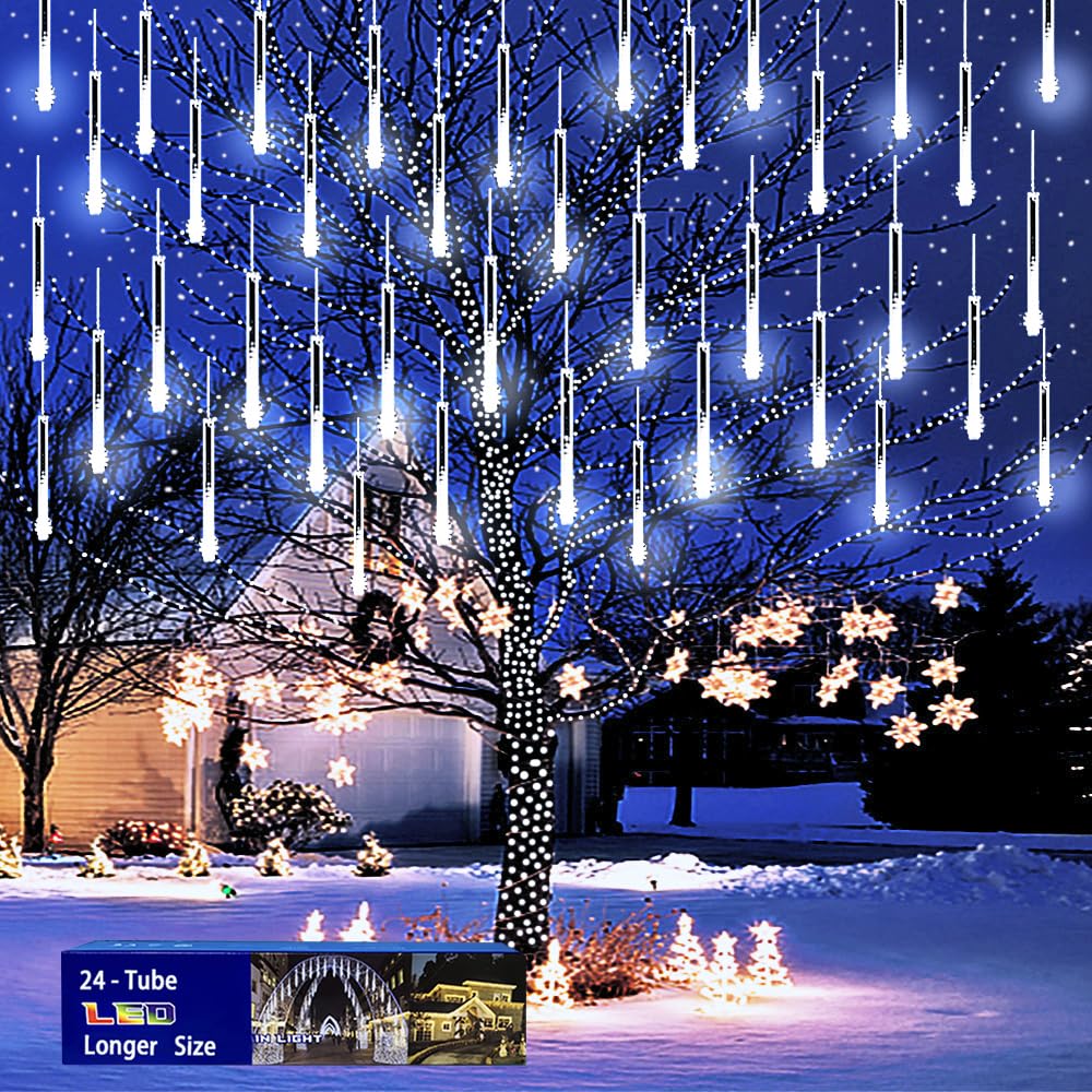Purtuemy Outdoor Christmas Lights: 24Tubes(Equivalent to 3 Sets of 8-Tubes) Meteor Shower Lights Icicle White Christmas Lights O