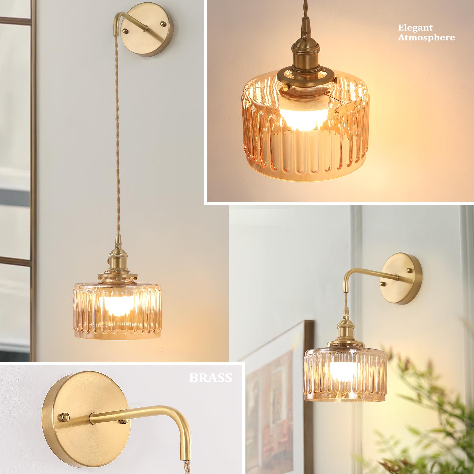 Shenmoyl Battery Operated Wall Sconce Retro Gold Amber Striped Glass 1-Pack Model 1-938