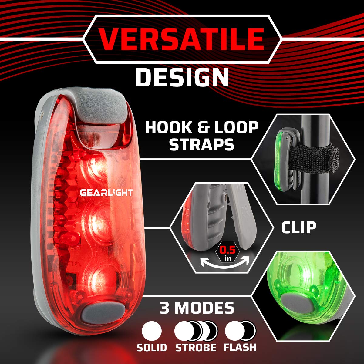 GearLight S1 LED Bike Taillights - 4 Pack, Clip-On, Pocket-Sized, Red/Green, Plastic