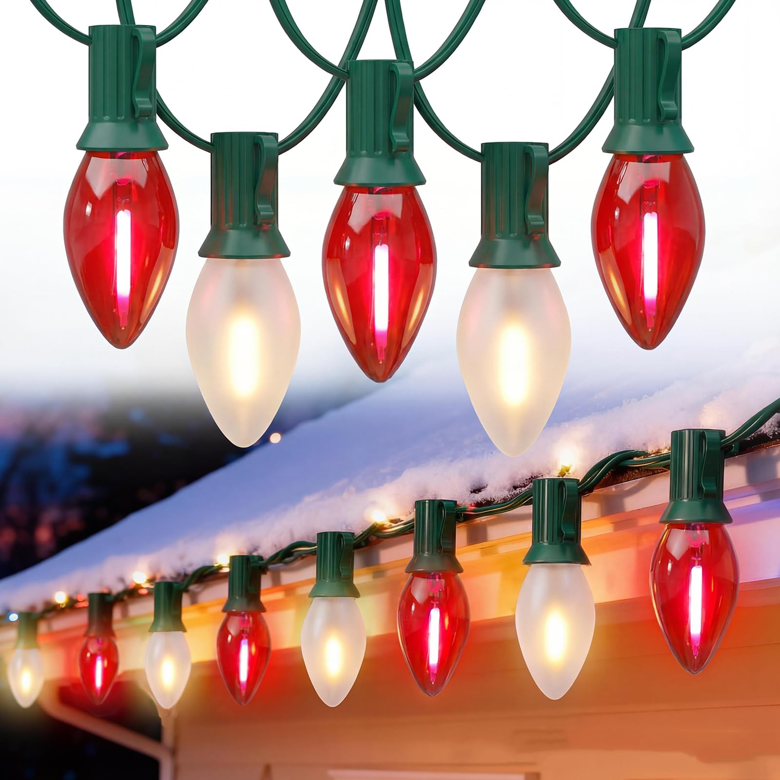 Pallerina Red and White Christmas Lights Outdoor 25ft C7 LED Christmas Lights with 27 Transparent Red and Frosted White Bulbs Connectable Vintage Light for Patio Xmas Garden Party Holiday Decor
