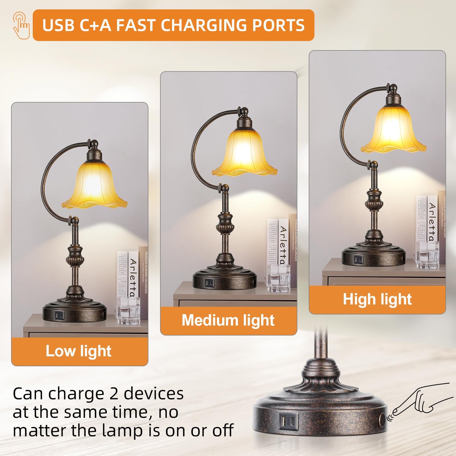 RORIA Touch Farmhouse Table Lamp, 3-Way Dimmable, Bronze Metal, USB Ports, Vintage Amber Glass Shade, Model LM-8922