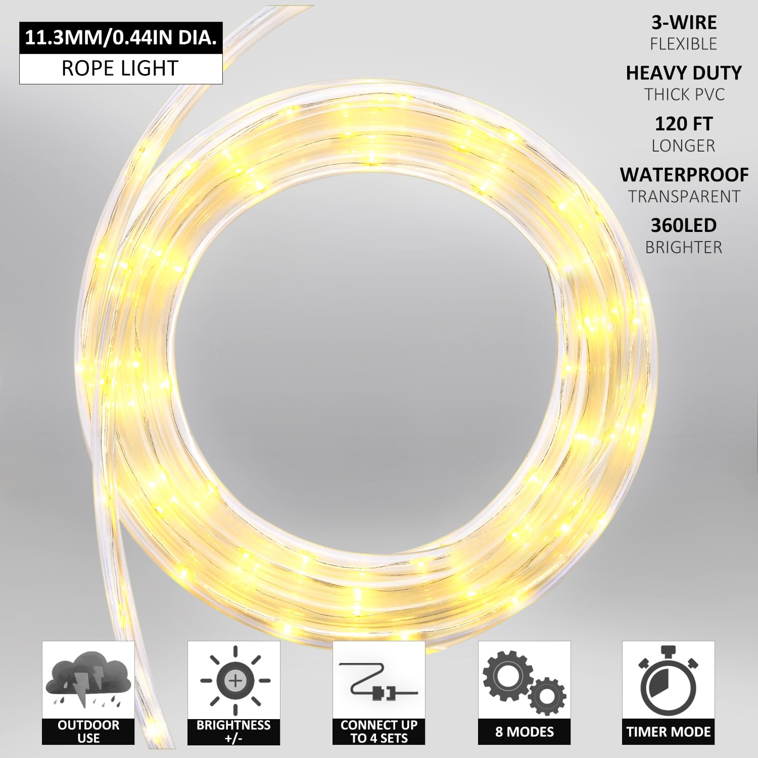 120Ft 360 Led Heavy Duty Rope Lights, Outdoor Rope Lights Plug In Outdoor Tube Lights For Deck Patio Garden Party Christmas Clear (Warm White)