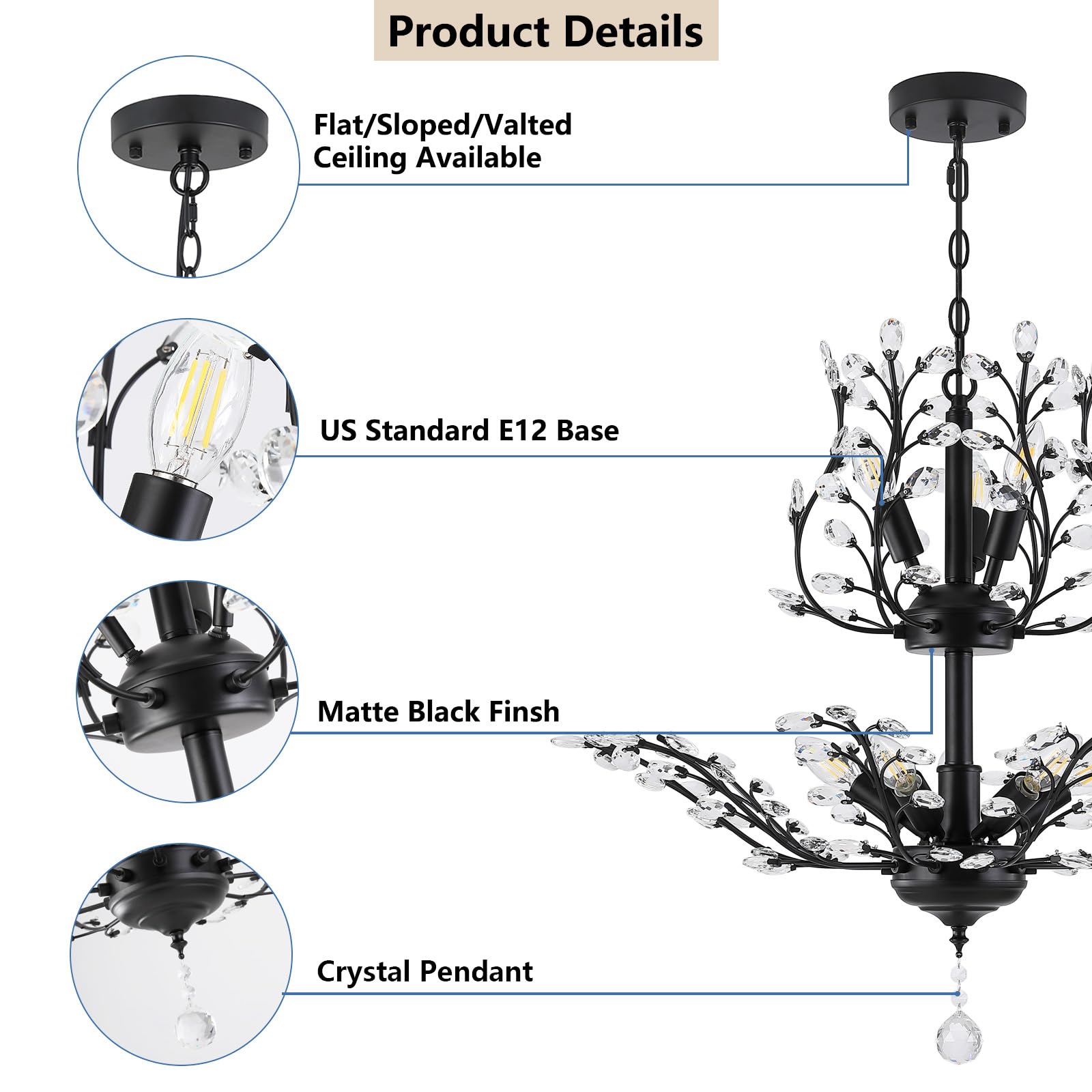 3Wwwuee Black Crystal Chandelier, Farmhouse 8-Light Large Branch Pendant Light With Adjustable Chain, 2-Tier Vintage Flower Ceil