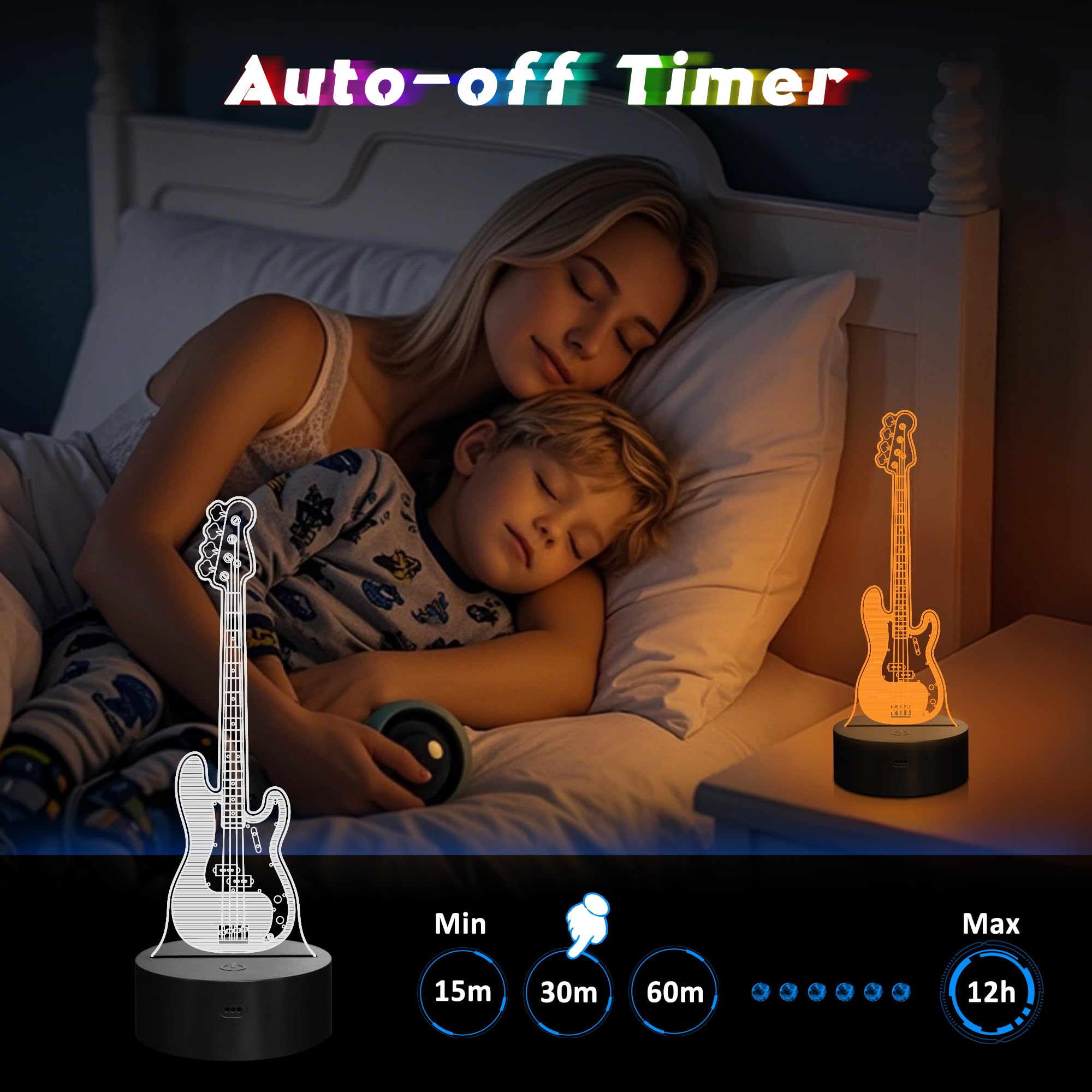 CoolGift Mart Bass Guitar Night Light, 3D LED Optical Illusion Lamp with Remote Control and Timer, Gifts for Bass Guitars Player
