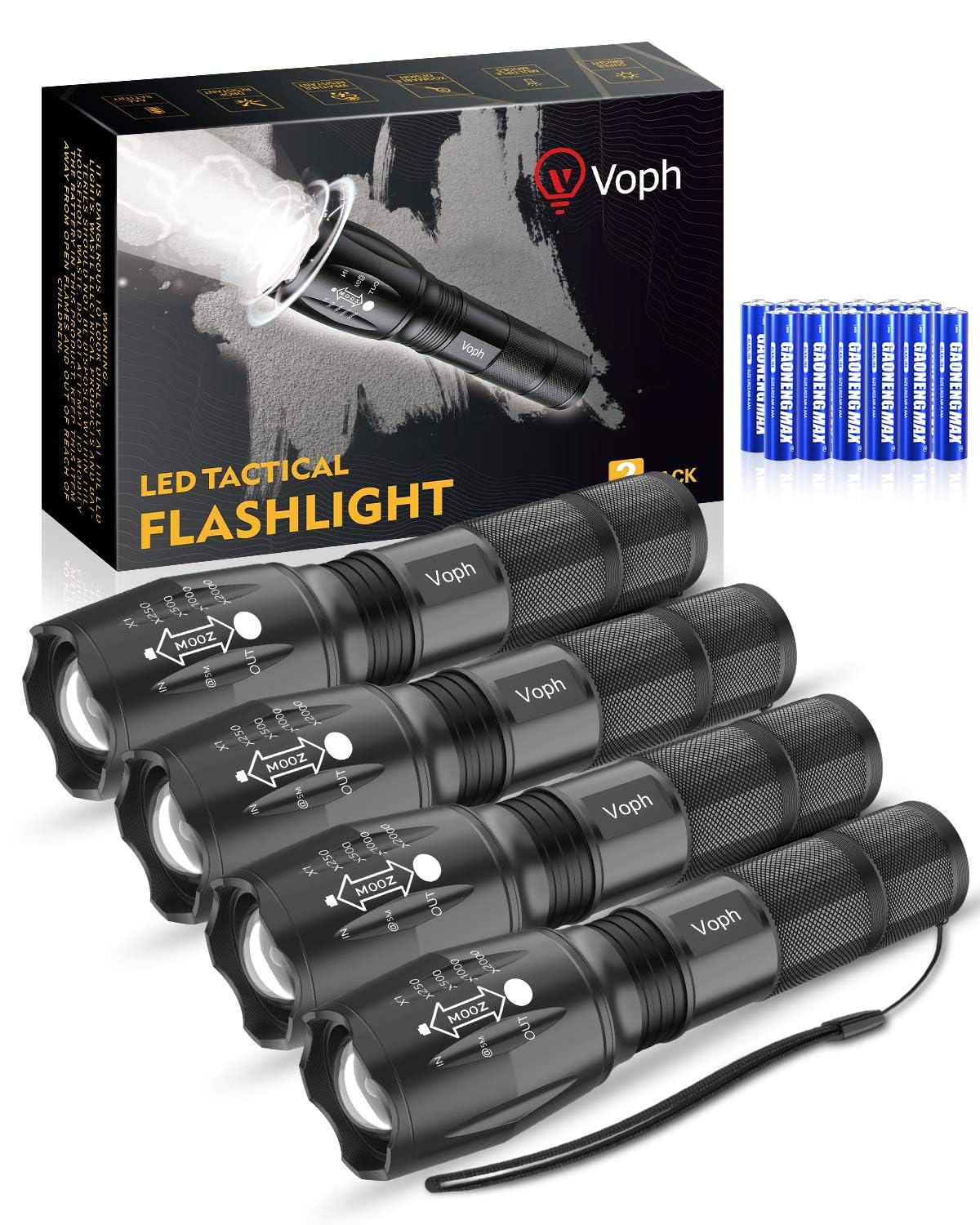 Voph Tactical LED Flashlight 4 Pack, 2000 Lumens, Waterproof, Zoomable, Aluminum, Black, Model US-Voph-Flashlight-4P