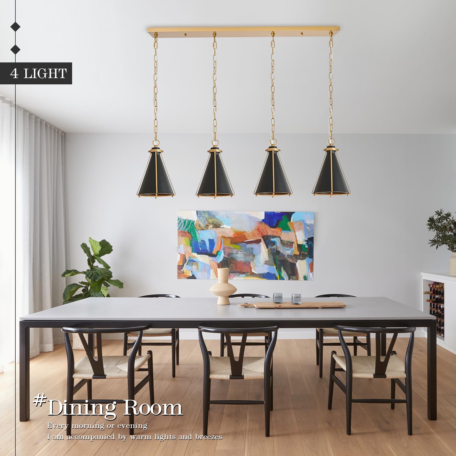 Caraluxe Black & Gold Kitchen Island Light 4-Light Hanging Chandelier Cone Shade 42 '' Rectangle Kitchen Island Pendant Light Fi