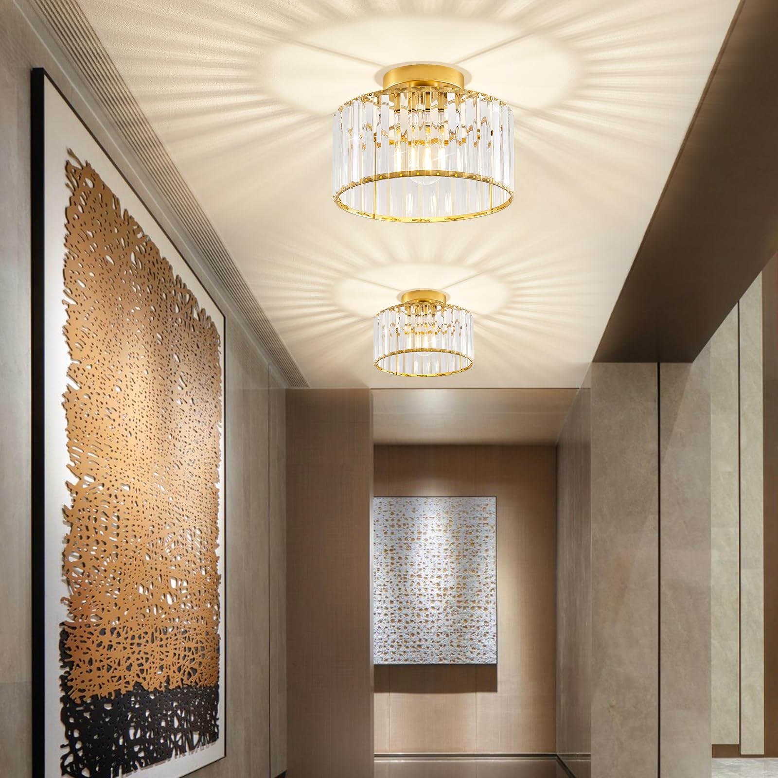 Pevfah Crystal Gold Ceiling Light, Modern Semi Flush Mount Ceiling Lighting Fixture, Round Hallway Ceiling Lights For Bathroom K