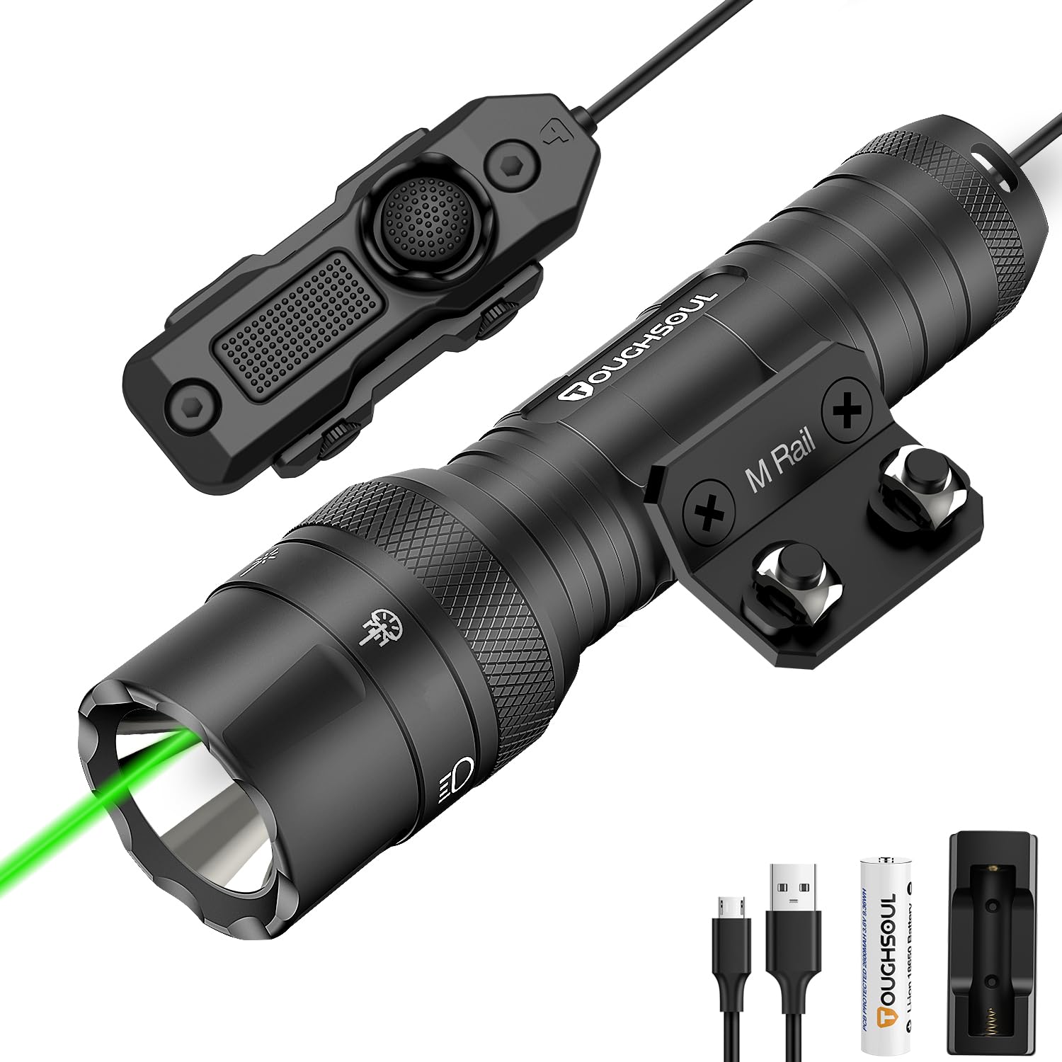 TOUGHSOUL Mlok Green Laser Tactical Flashlight 1250 Lumens, Rechargeable Flashlight with Remote Pressure Switch LED Light with R