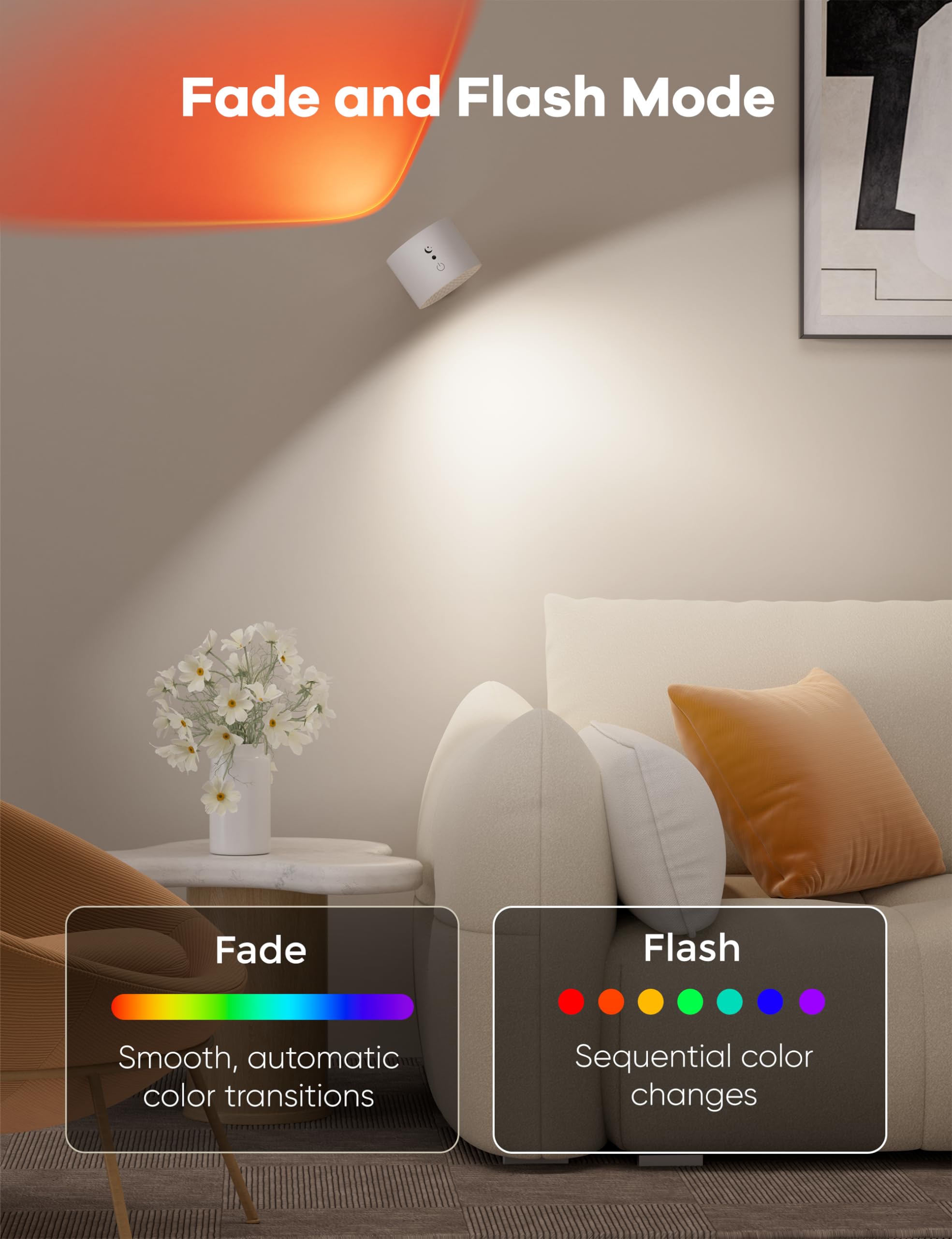 Joyzy Wall Light 2 Pack, Battery Operated RGB Picture Lights, Remote Touch Control, Wall Mounted Sconce, White/RGB, Model WL004
