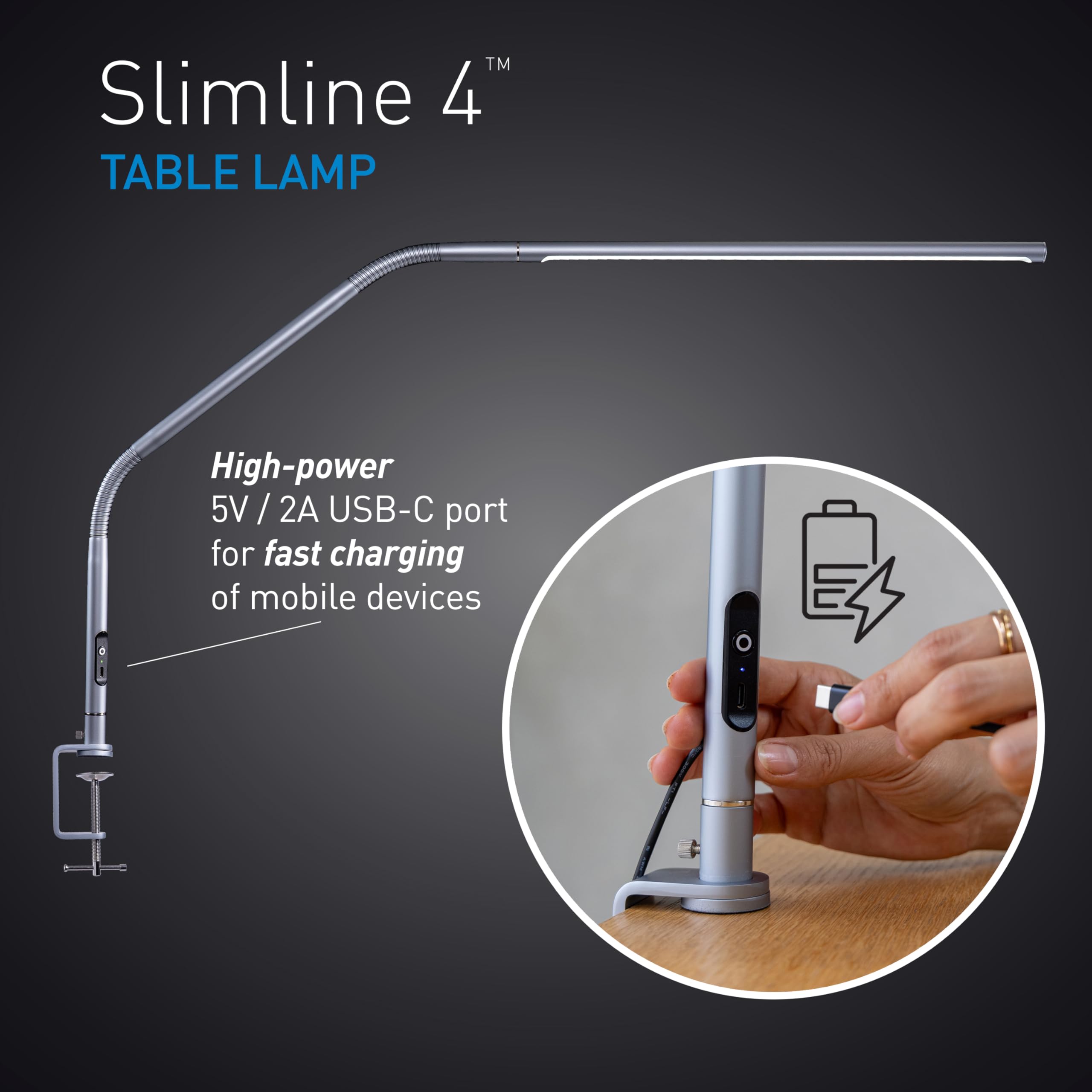 Daylight Slimline 4Led Table Lamp In Ice Grey - 6,000K, 3,200 Lux, 4 Brightness Levels, Usb-C Charging Port, Anti-Glare Diffuser