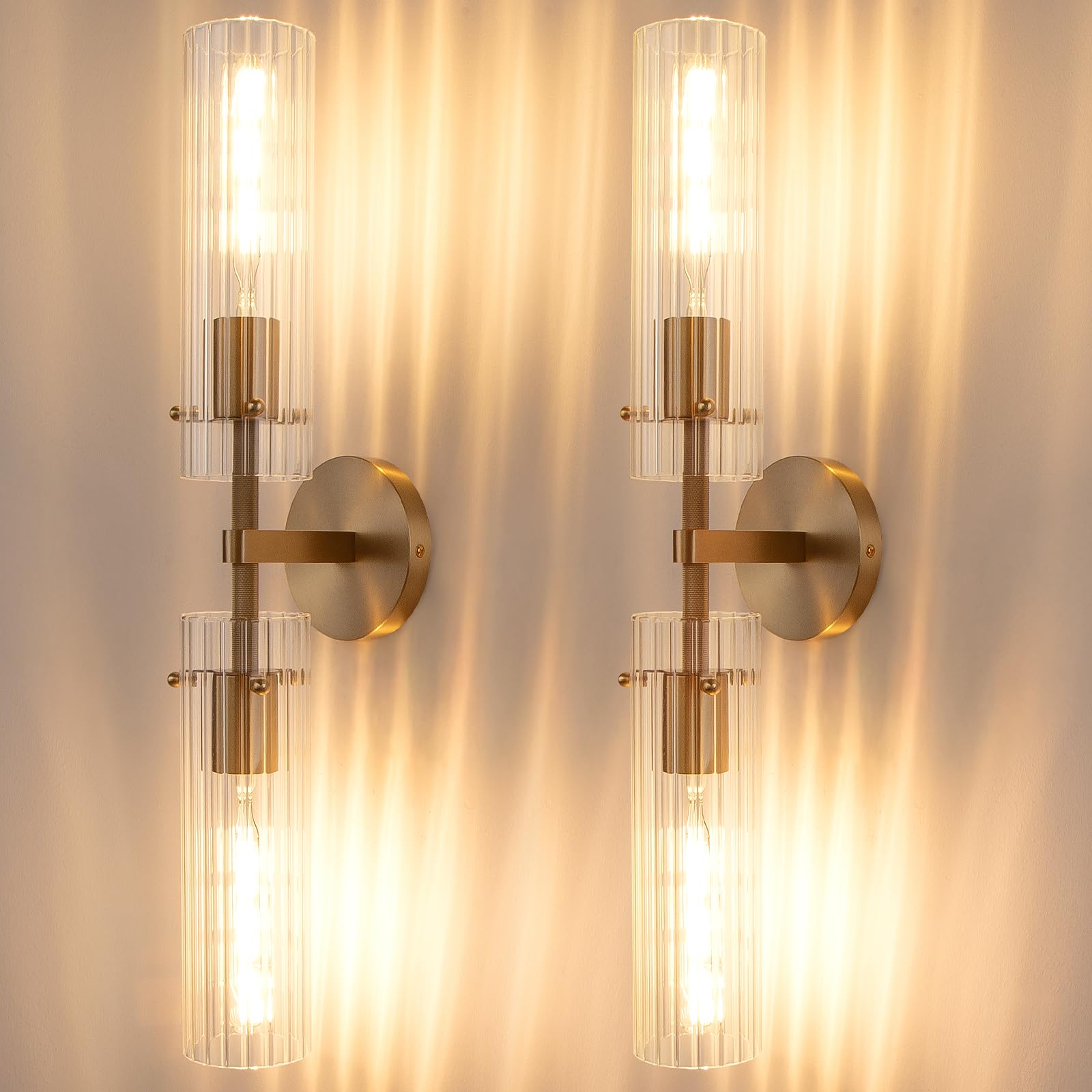 Brass Gold 2-Light Knurled Wall Sconce  Dual-Head Vanity Lamp Set of Two with Vertical Banded Glass Tube  Bathroom Wall Sconces  Wall Lights for Living Room Bedroom Hallway Kitchen Bathroom Mirror