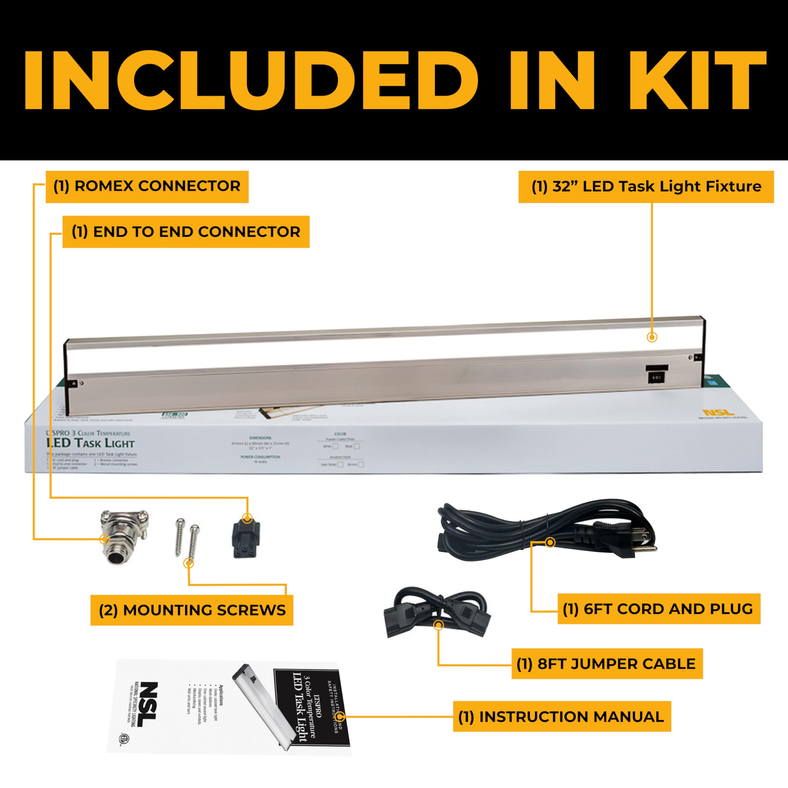 NSL LED Under Cabinet Lighting - Dimmable, 32 Inch, Satin Nickel, 3 Color Temperatures (Warm White, Soft White, Cool White) - Model LTSPRO-32-S