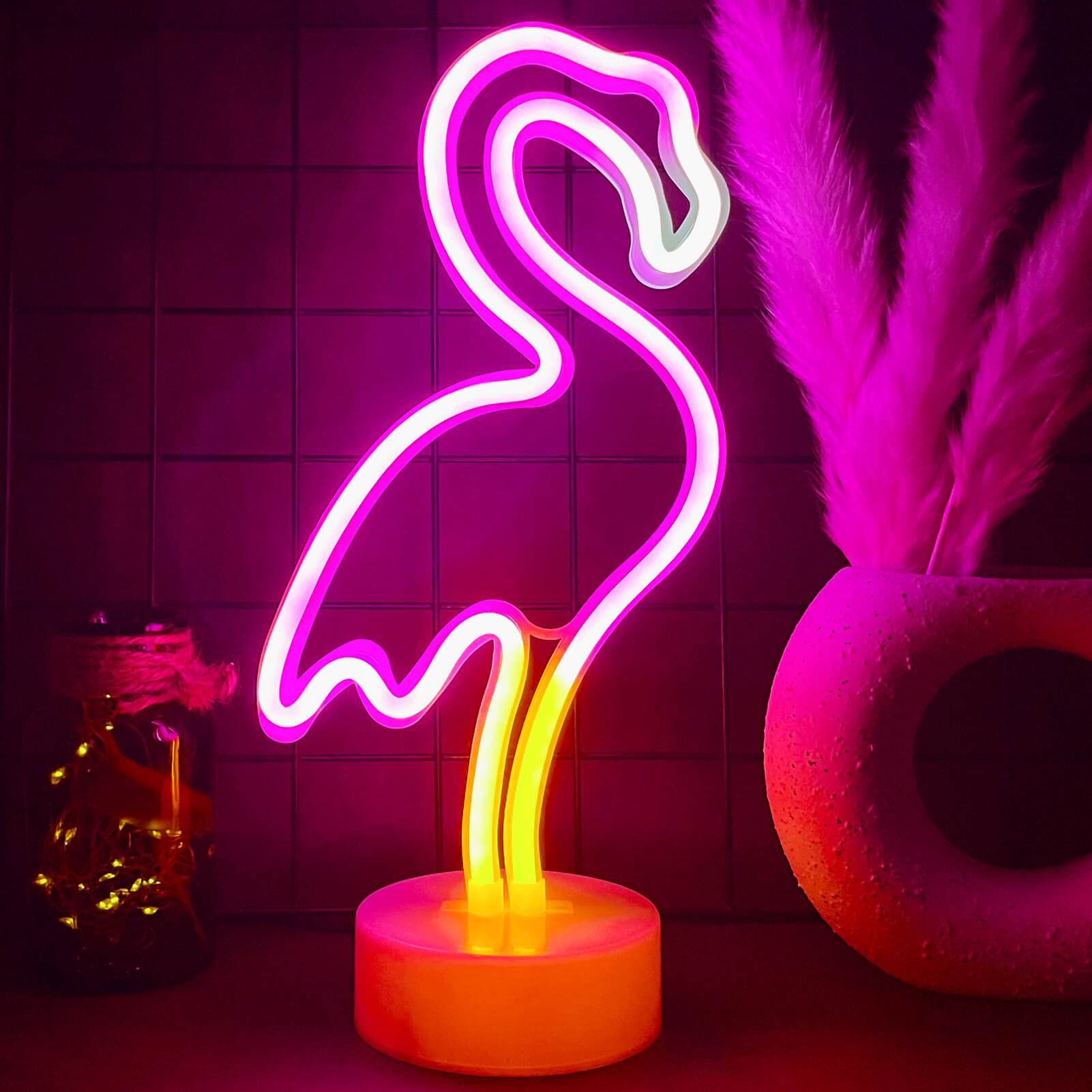 VIFULIN Pink Flamingo LED Neon Light Sign - USB/Battery Operated Night Light for Bedroom, 12.6inx5.9in, Multicolored, Model QDJZNHD.Z033