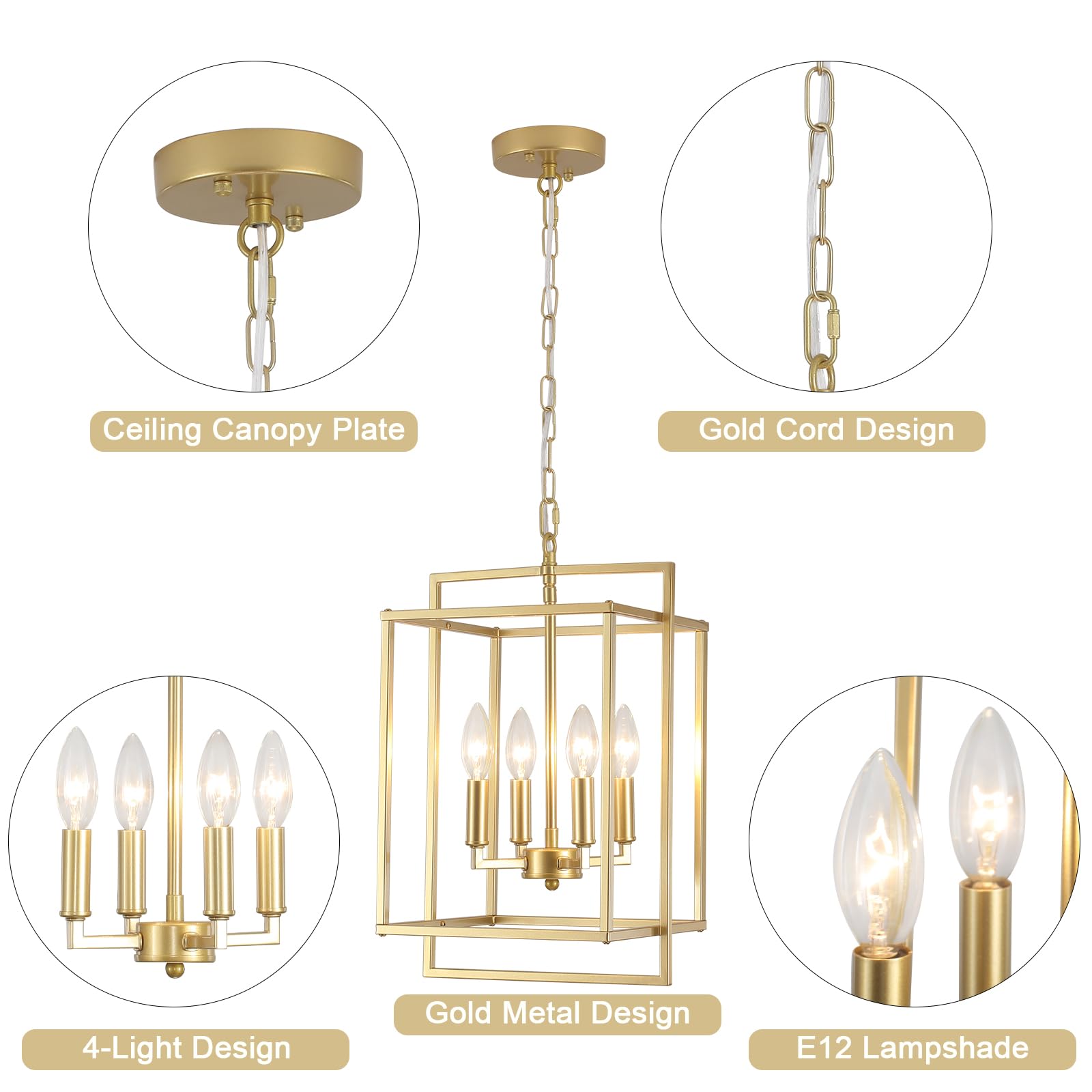 KOSTOMO Gold Chandelier Light Fixture, 10.8" Rustic Farmhouse Pendant, 4-Light Metal Lantern, Adjustable Height for Dining Room, Living Room