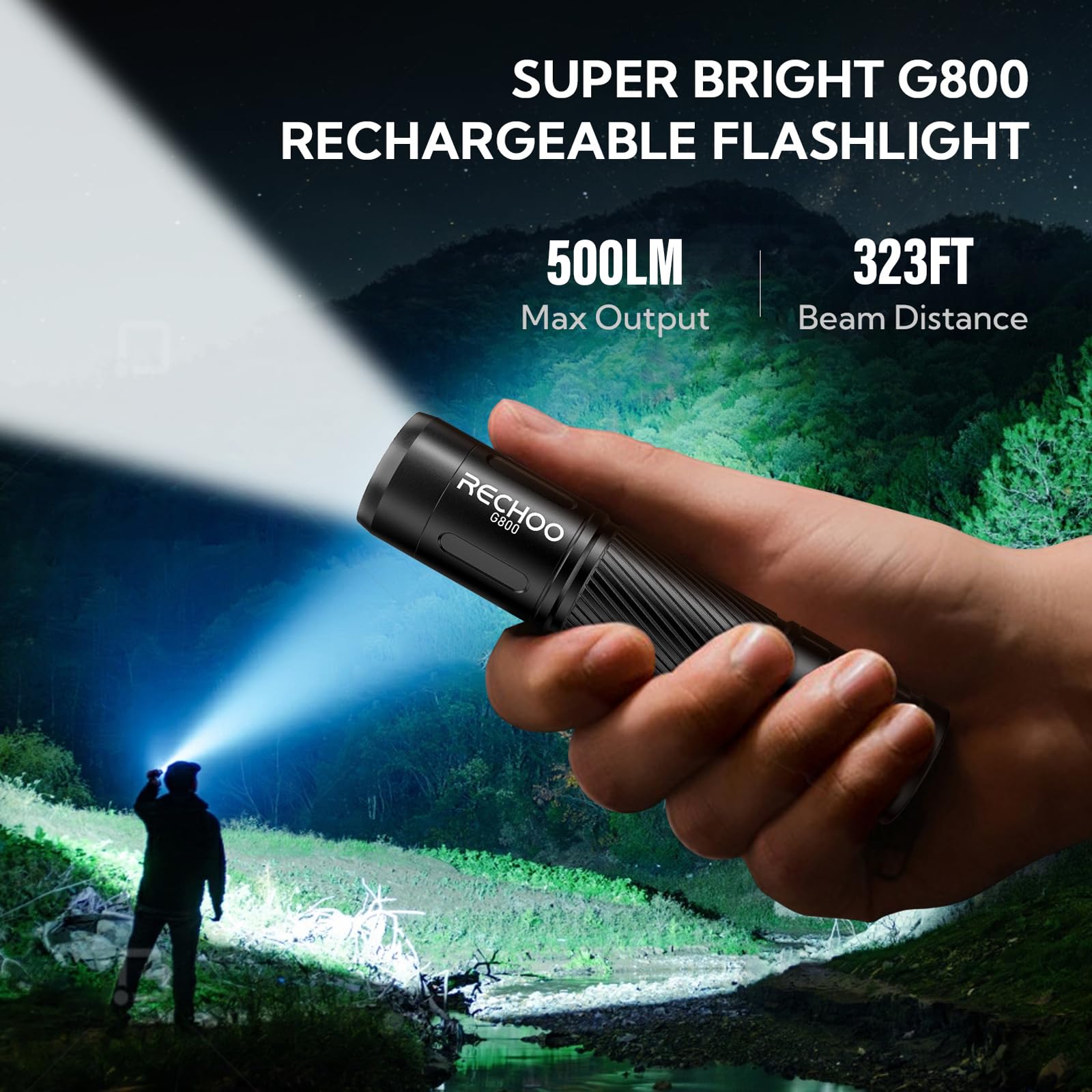RECHOO Rechargeable Flashlight 500 Lumens, 3 Modes, Black, 2 Pack, Aluminum, Model G800-2P, Water Resistant, Tactical Torch Light