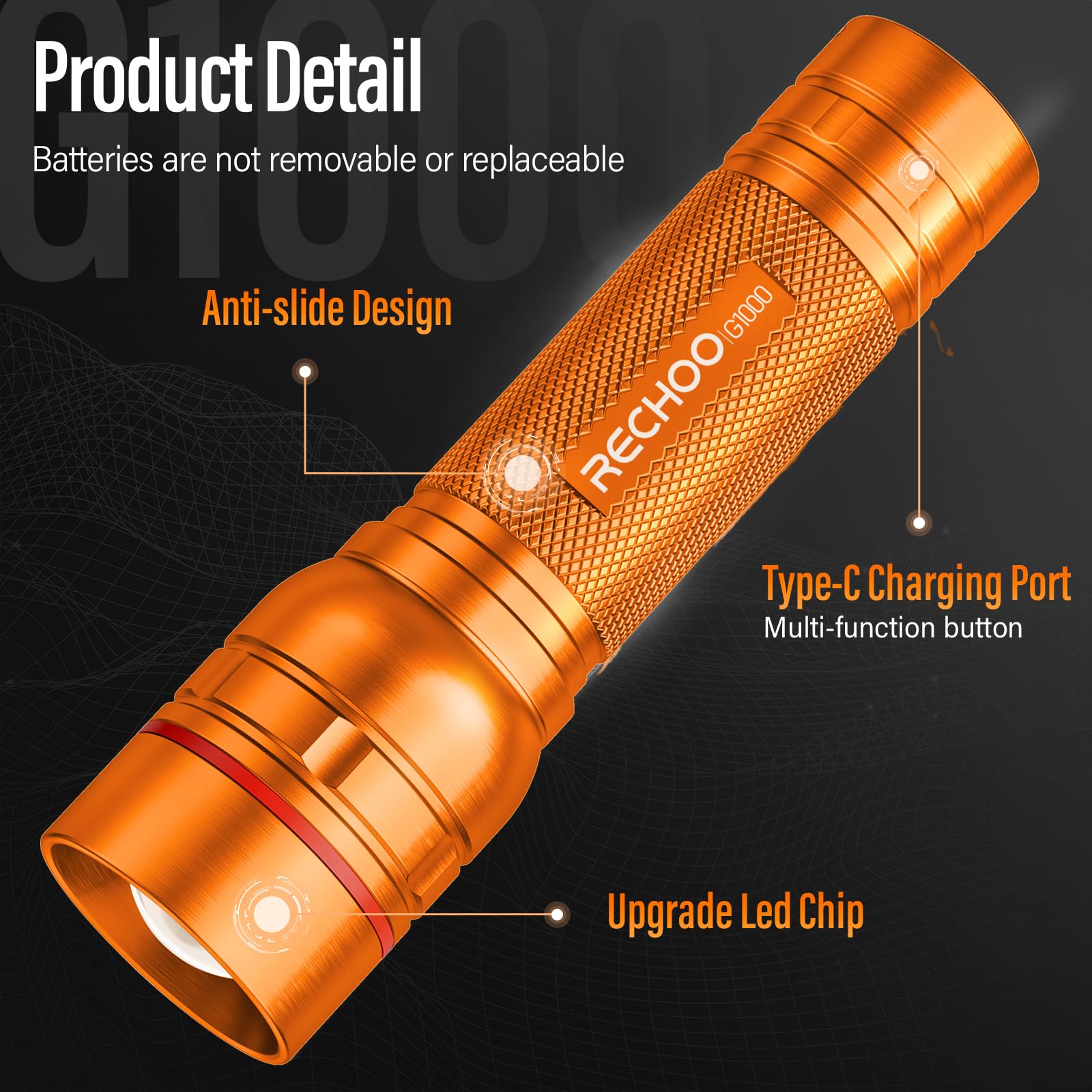 Rechargeable Flashlights High Lumens, G1000 Super Bright Flash Light Orange, Small Zoomable Led Flashlight With 3 Lighting Modes