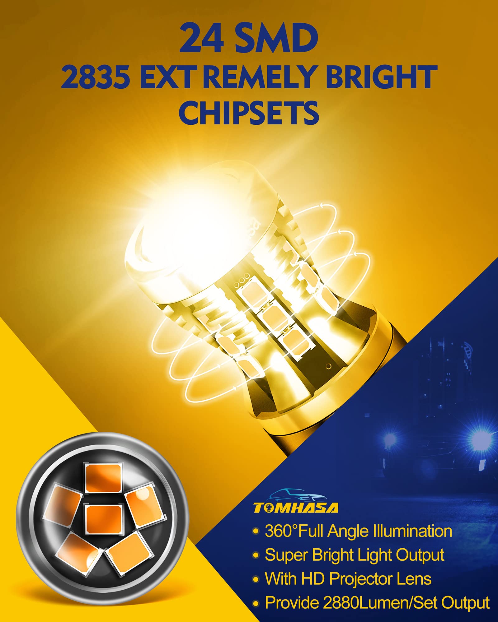 Tomhasa 7440 7443 Led Bulbs Amber Yellow For Turn Signal Light Bulbs, 7441 7444 T20 W21W Led Replacement Bulbs For Front Rear Turn Signal Lights, Side Marker Lights, Brake Blinker Lights, Pack Of 2