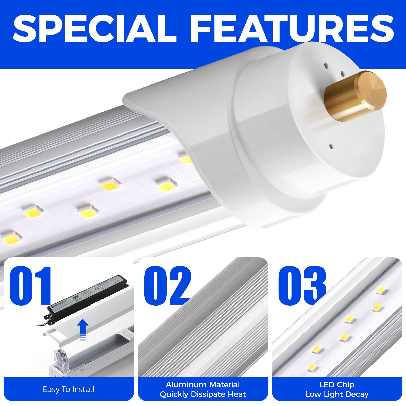 Barrina 8 FT LED Tube Lights, 44W 5500lm, Daylight White 5000K, Aluminium and PC, 12 Pack, Model INWT804022600Dc