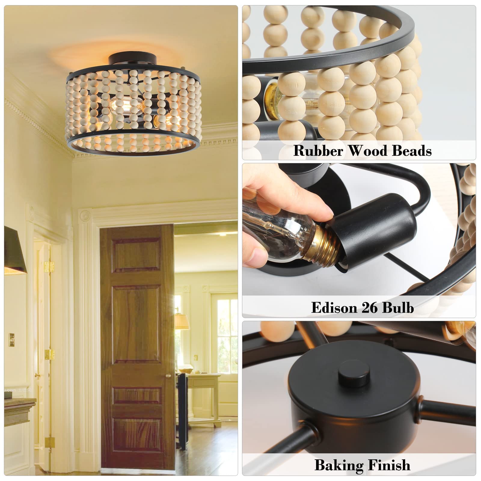 Tewei Wood Bead Chandelier - Rustic Boho Semi Flush Mount Ceiling Light For Kitchen & Living Room