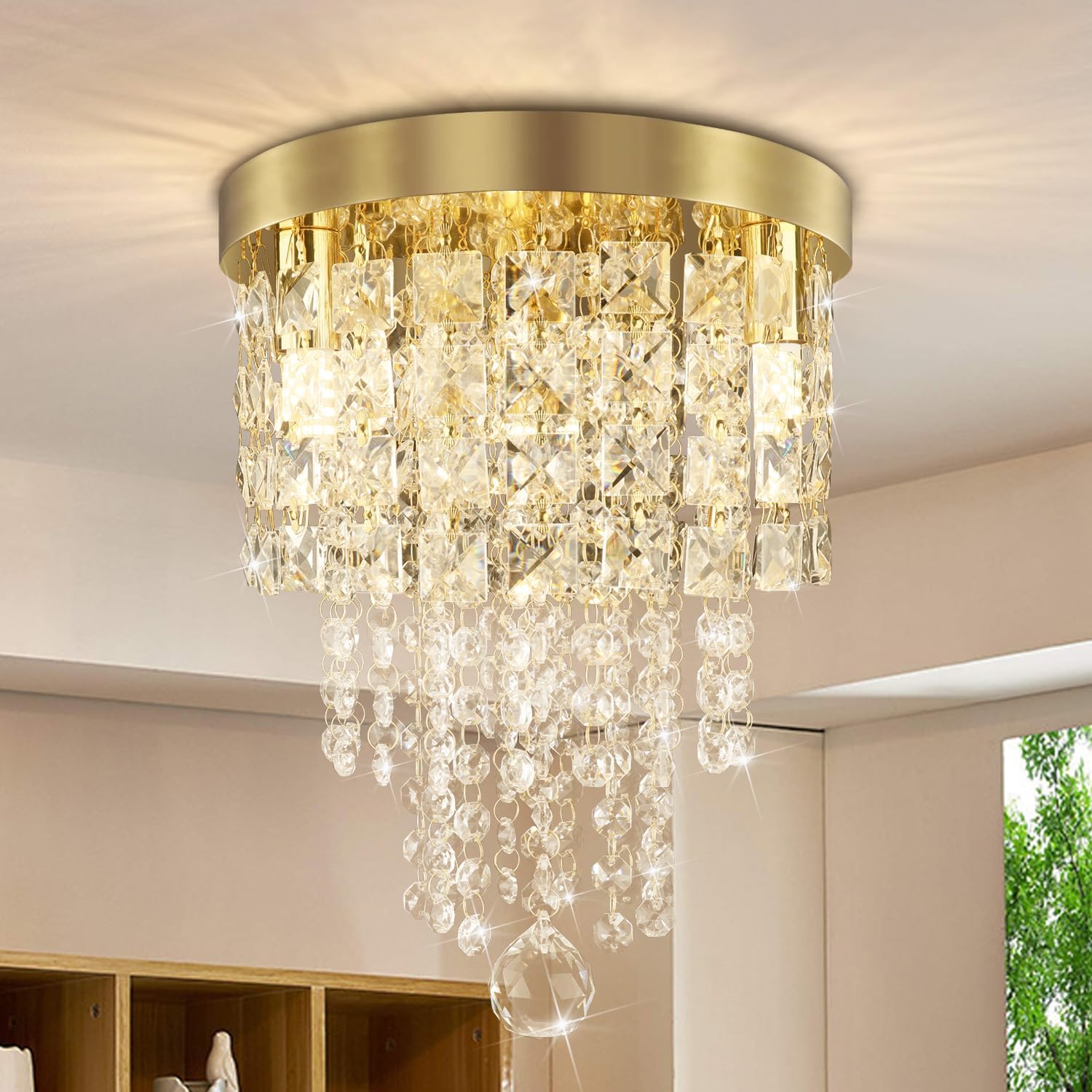 TISLYCO Mini Gold Crystal Chandelier, 3 Light Flush Mount Ceiling Light, Metal, 9.7inx11.5in, Beaded Pendant Lighting