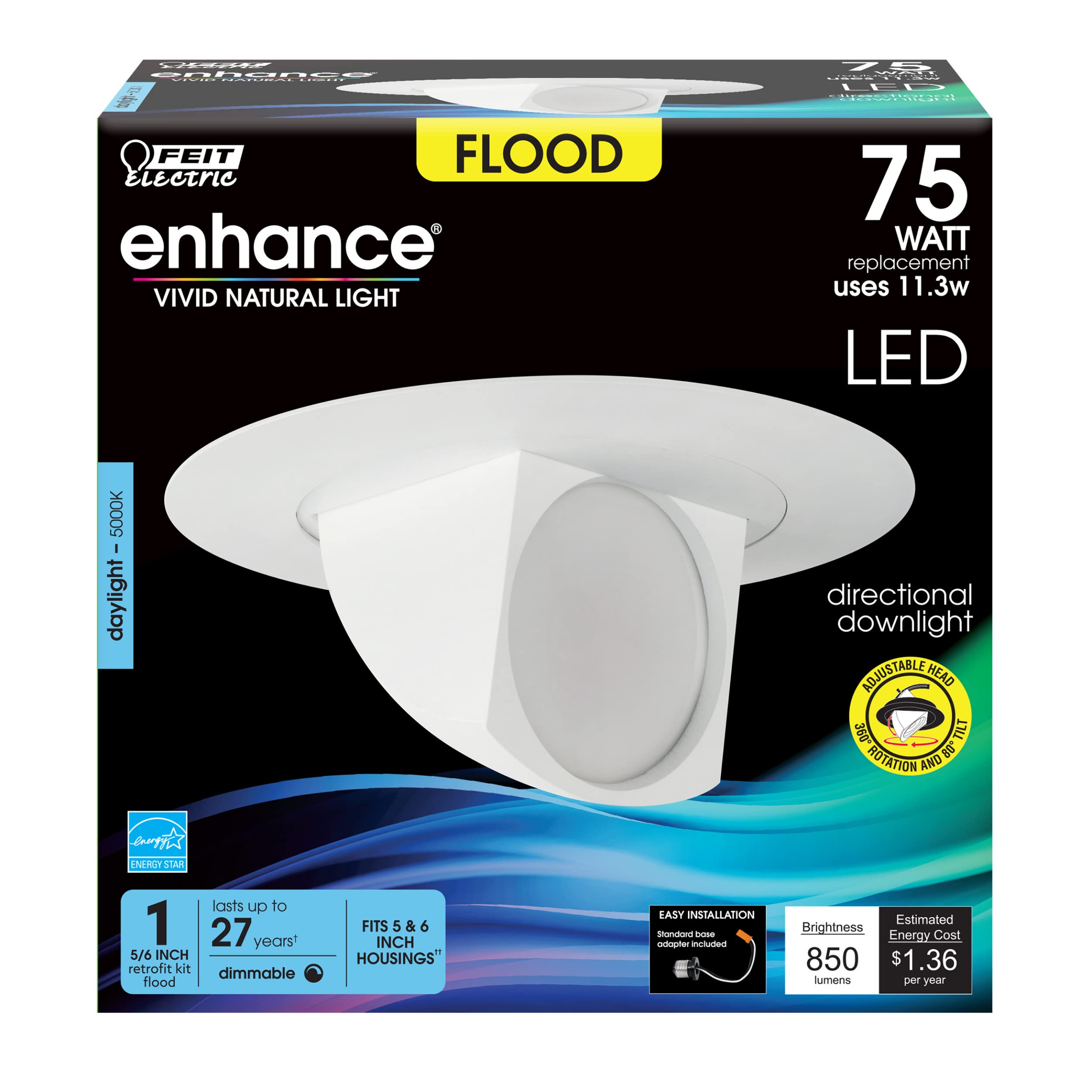 Feit Electric 4 Inch Adjustable Scoop Recessed Led Downlight - 5000K Daylight - Dimmable - 65W Equivalent - 45 Year Life - 720 Lumen - High Cri