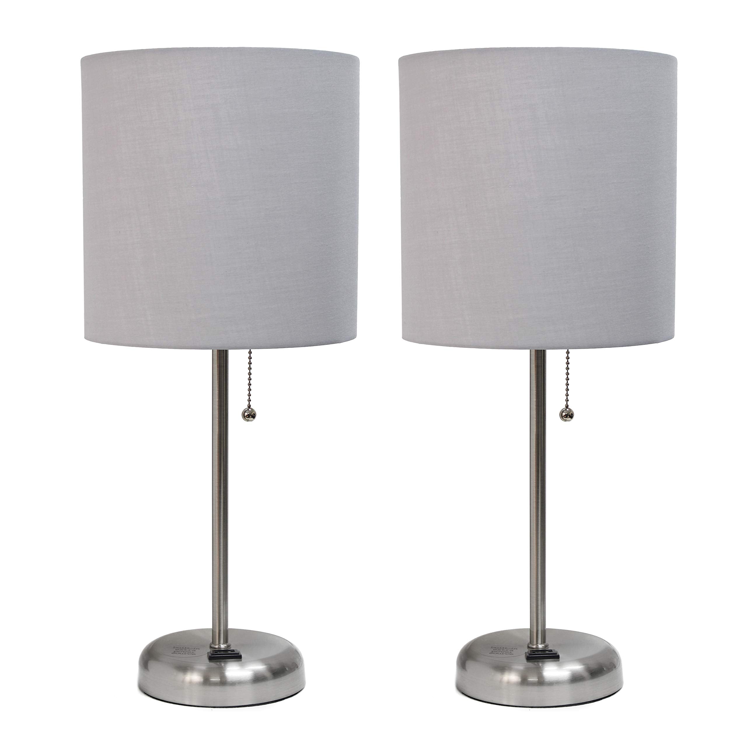 Simple Designs Lc2001-Gry-2Pk Brushed Steel Stick Table Lamp Set With Charging Outlet And Gray Fabric Shades, 2 Pack Set
