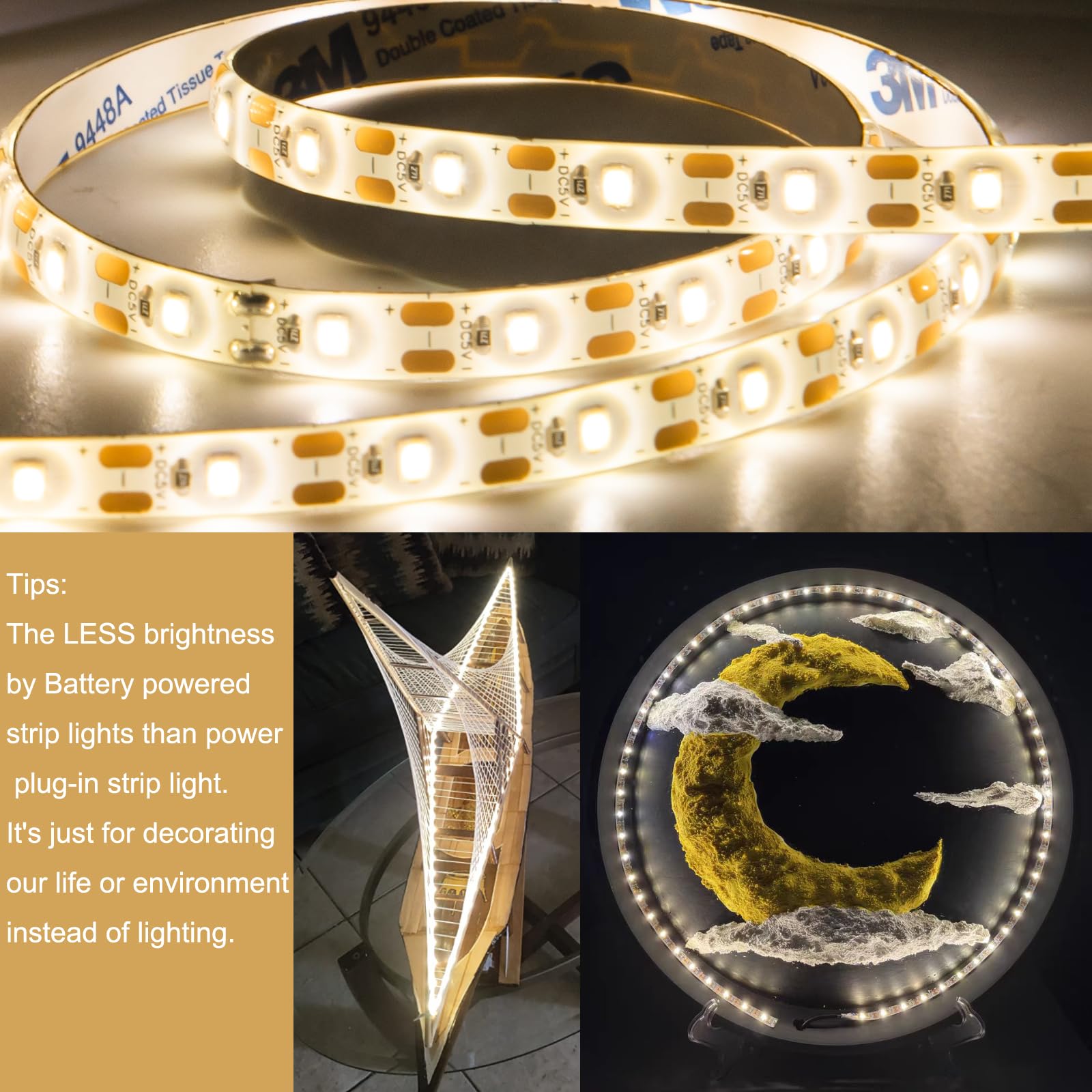 Marreal 13.2ft Battery Powered LED Strip Lights, Warm White, Dimmable with Remote, Waterproof, Cuttable for Bathroom, Kitchen, Fish Tank