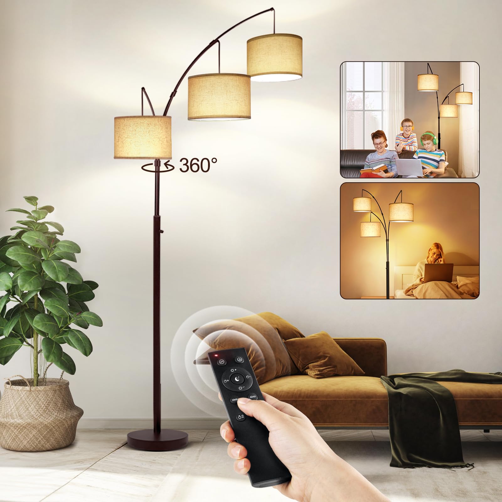 Outon Floor Lamp With Remote Control, Modern Bright Lamps For Living Room, Adjustable 3-Light Tall Arched Lamp For Bedroom, Offi