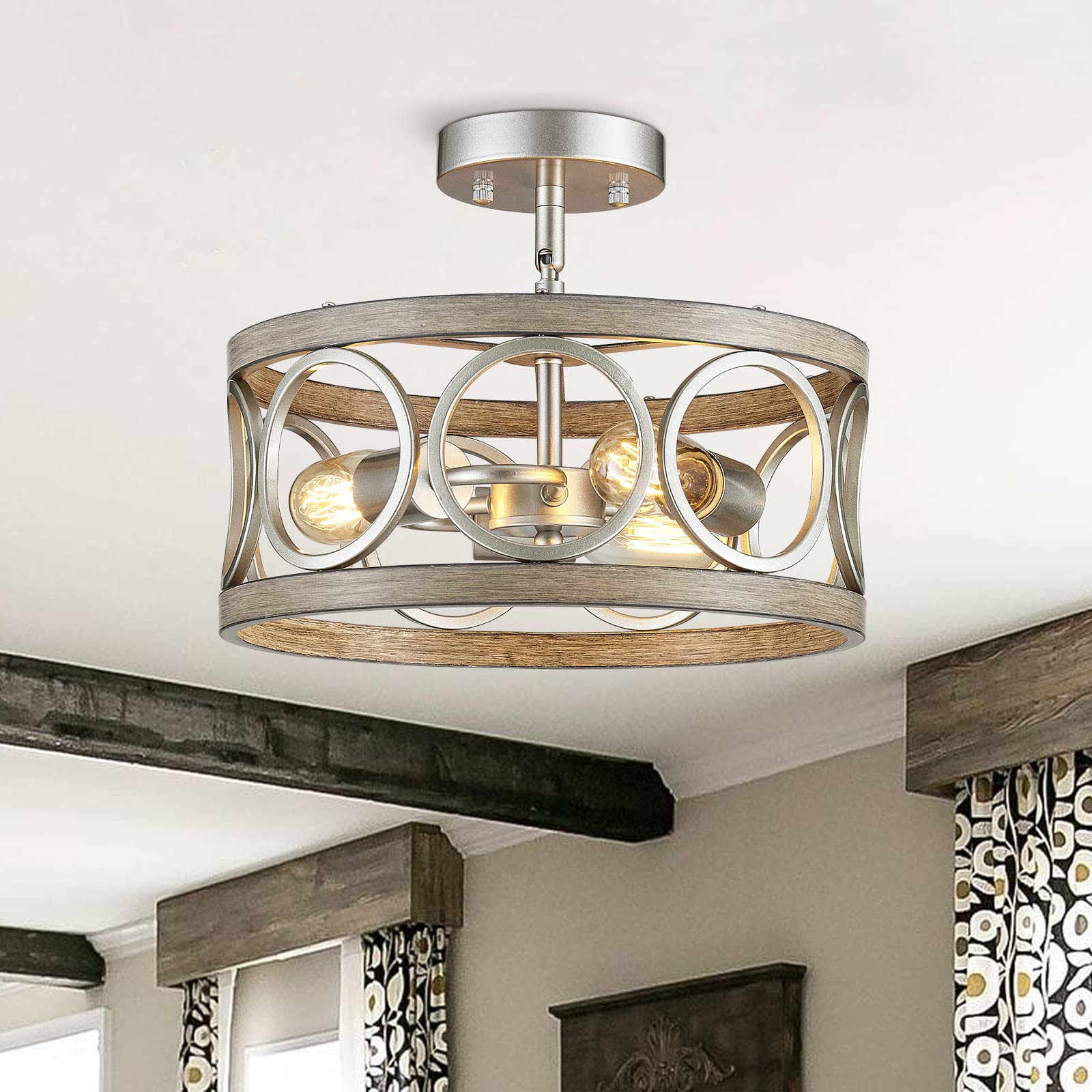 Peskoe Farmhouse Ceiling Light Fixture, Drum Round Modern Semi Flush Mount Ceiling Light For Kitchen Bedroom Dining Living Room, 13" Metal Nickel And Wood Grain Chandeliers