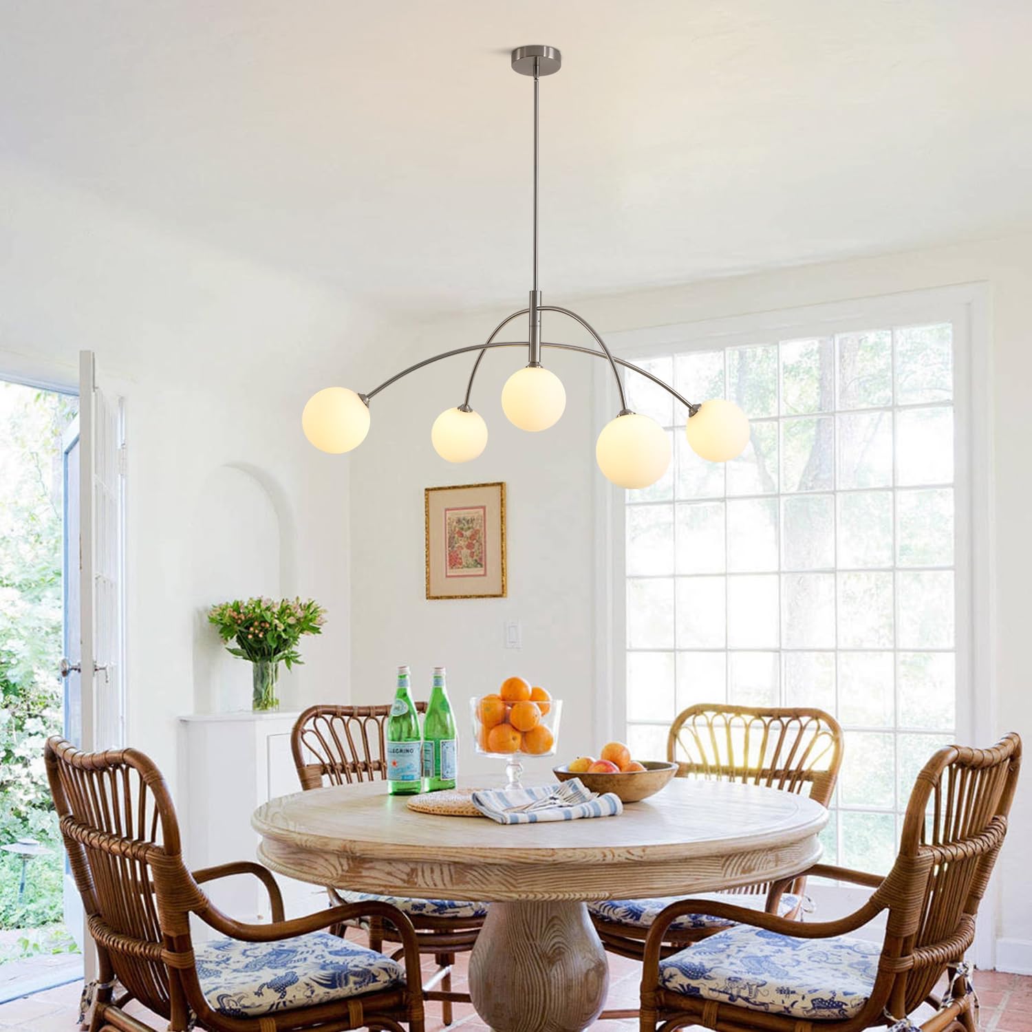 Fulesi Mid Century Modern Chandelier 5 Light Silver Sputnik Light Fixture With White Glass Globe Adjustable Modern Sputnik Chand