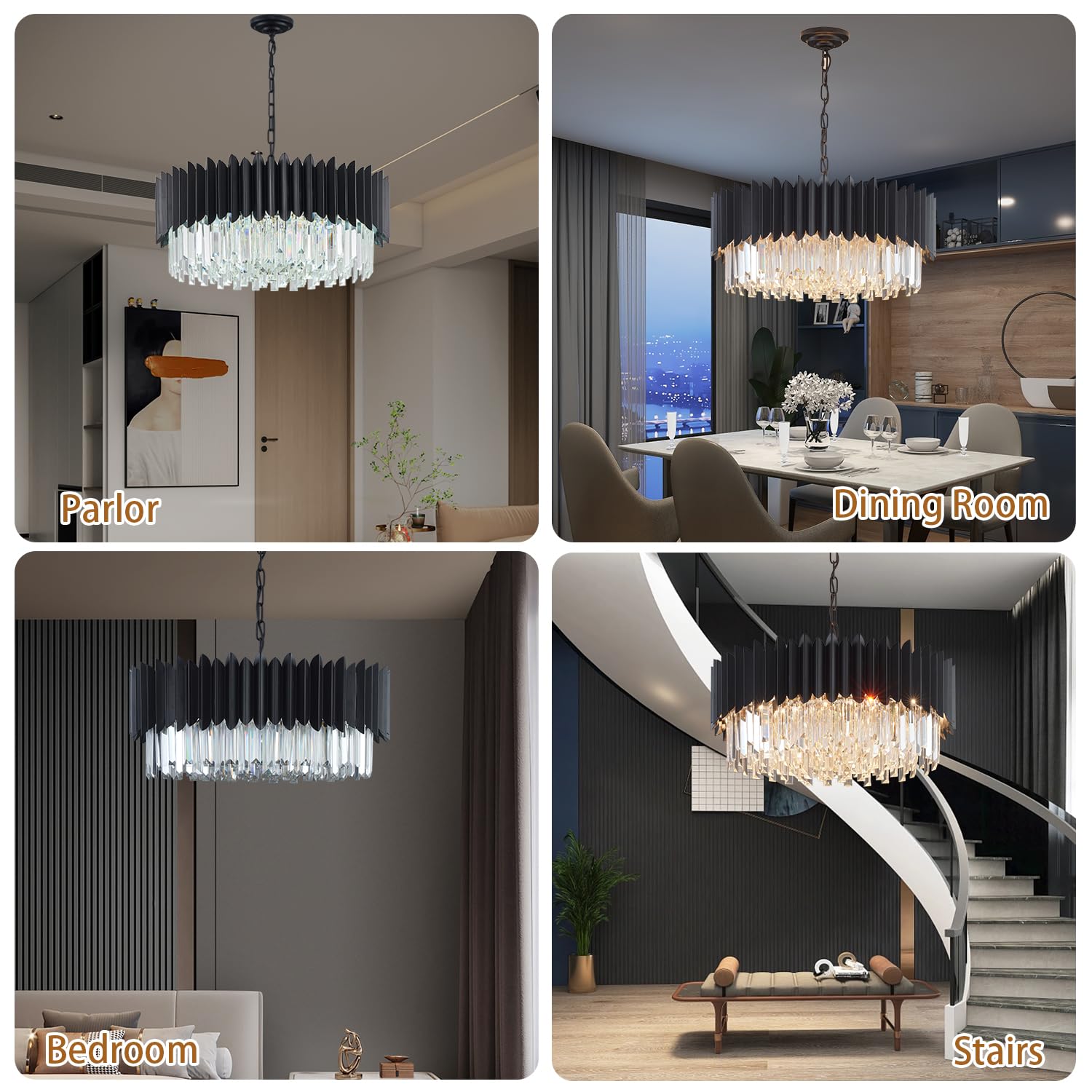 YOLIZUOT Black Crystal Chandelier 24" K9 Pendant Light, 5-Tier Modern Design for Dining Room, Living Room, Kitchen, Foyer
