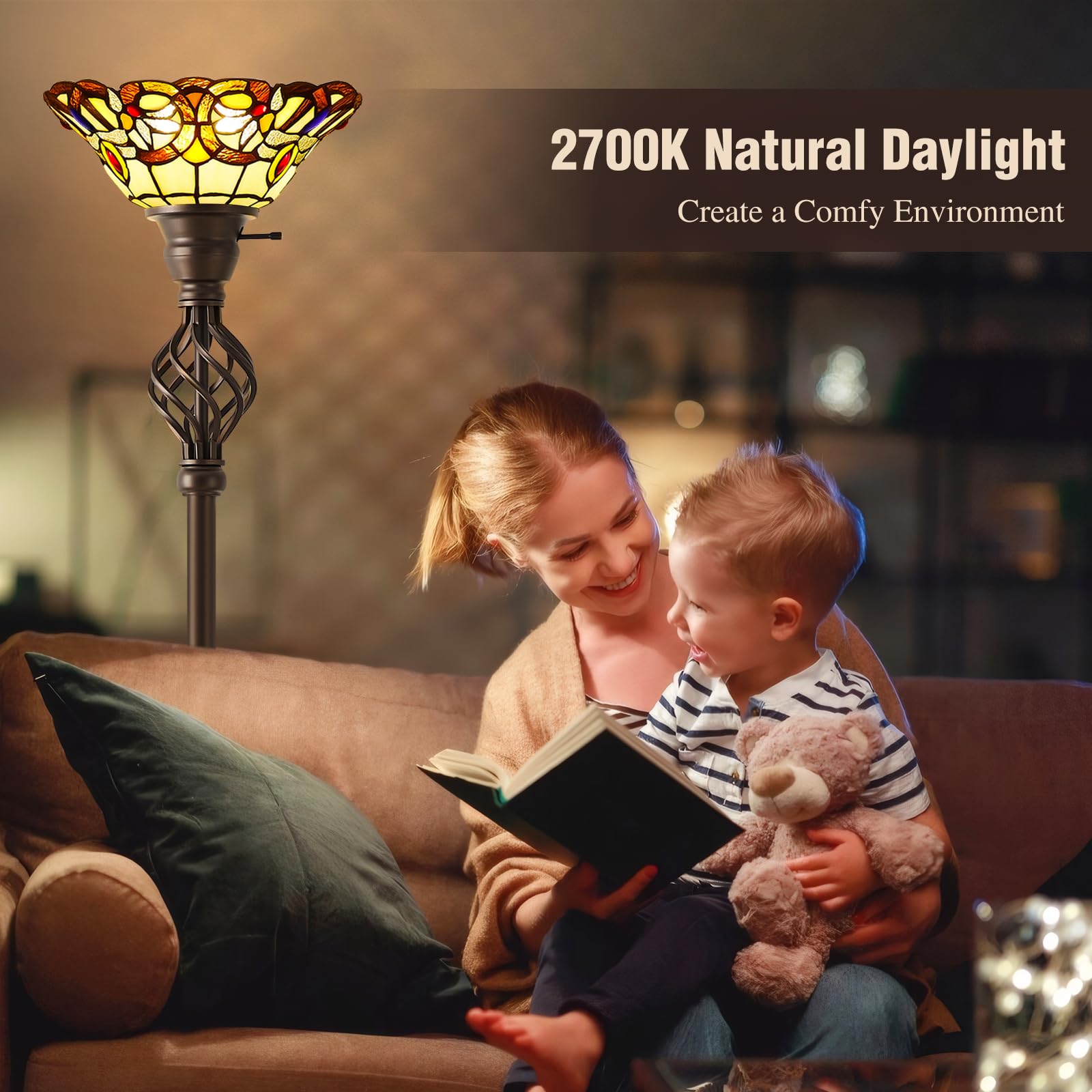 Gyrovu Tiffany Floor Lamp, Torchiere Floor Lamps With Stained Glass, 71 Inch Tall Floor Standing Reading Light For Living Room C