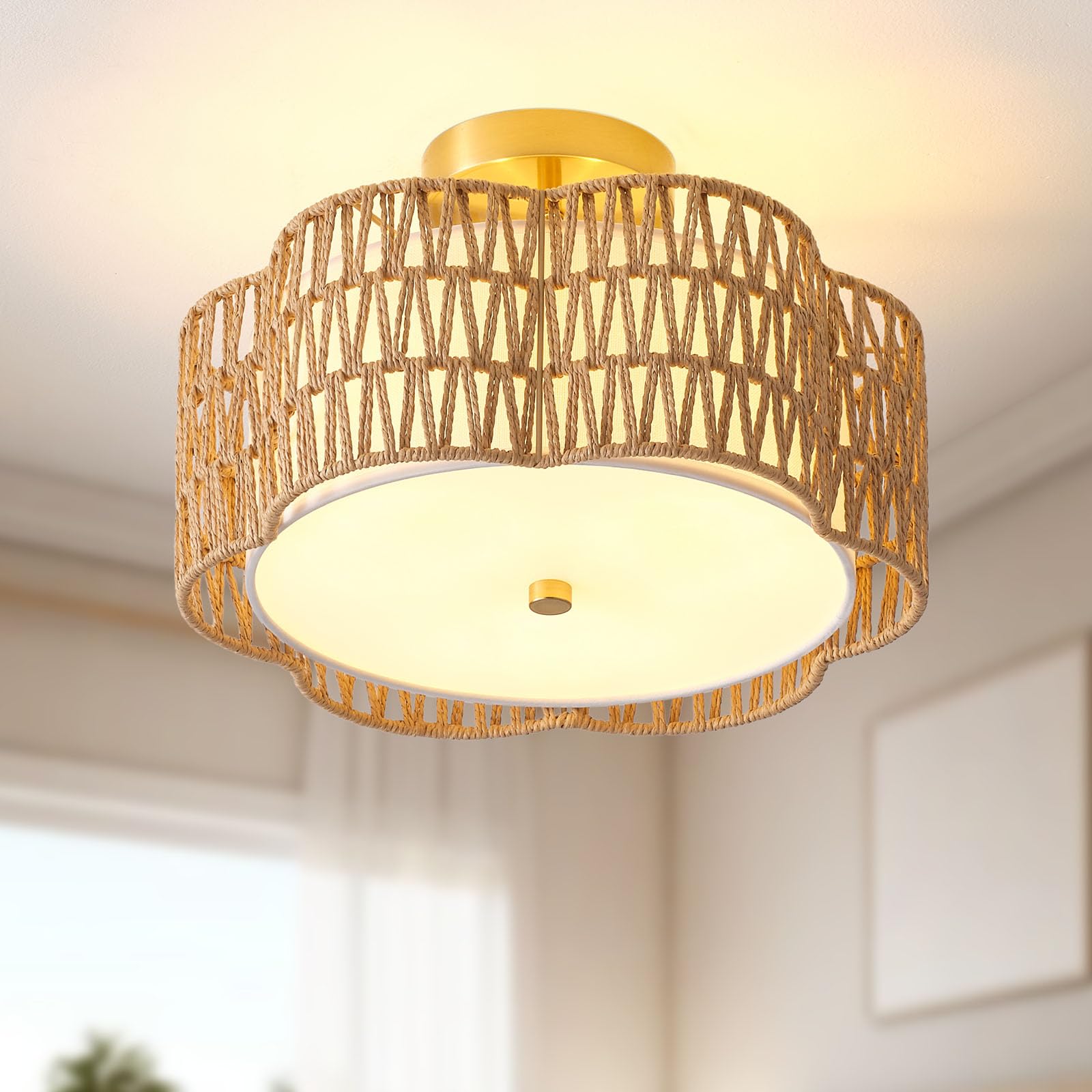 Giutna 13.6'' Boho Light Fixtures Flush Mount, 3-Light Rattan Ceiling Light Fixtures Flush Mount Gold For Bedroom, Flower-Shaped