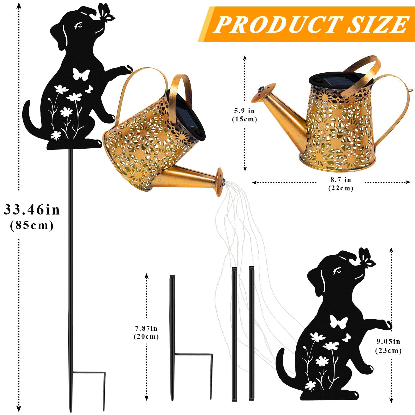 Solar Lights Outdoor Decorative  Watering Can With Cascading Lights  With Dog Silhouette Garden Stakes  Waterproof Metal Garden Decor For Yard Art  Outside  Patio  Lawn Ornaments(1 Pack)