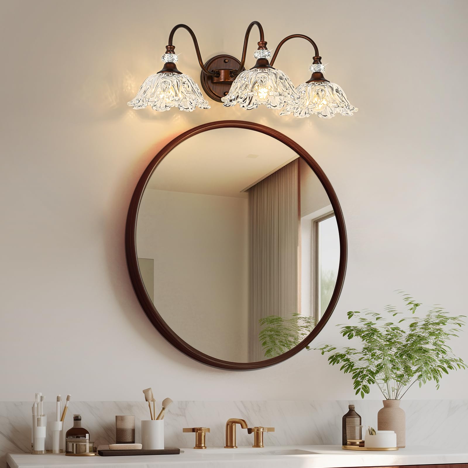 sunkryster 3-Light Vintage Bathroom Vanity Light, Oil-Rubbed Bronze with Floral Clear Glass Shades, Model Sun-104AB-3-ORB