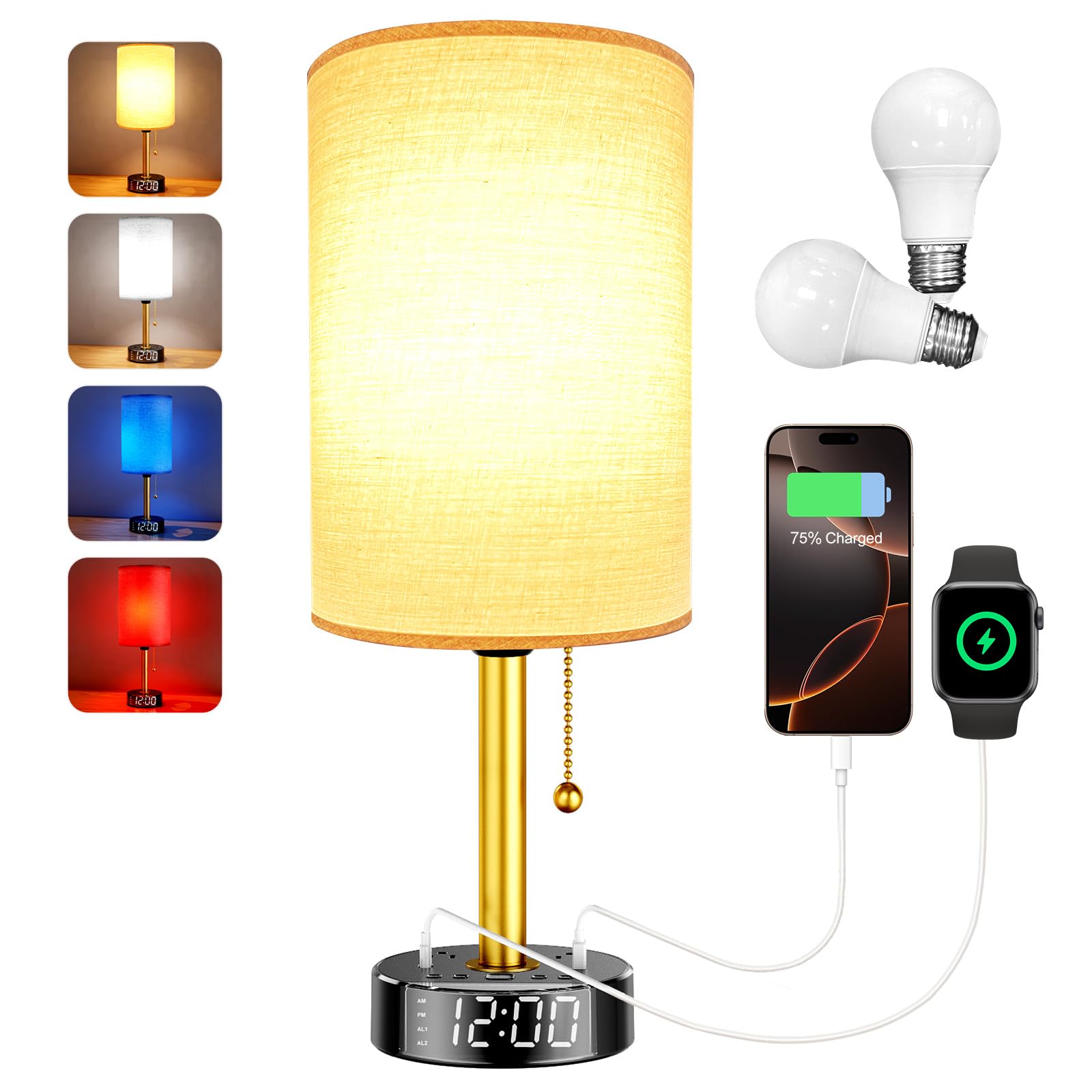 Bedside Desk Lamp for Bedroom, Table Lamp with USB A & USB C Fast Charging Ports & 2 AC Power Outlets, Alarm Clock Base, Round B