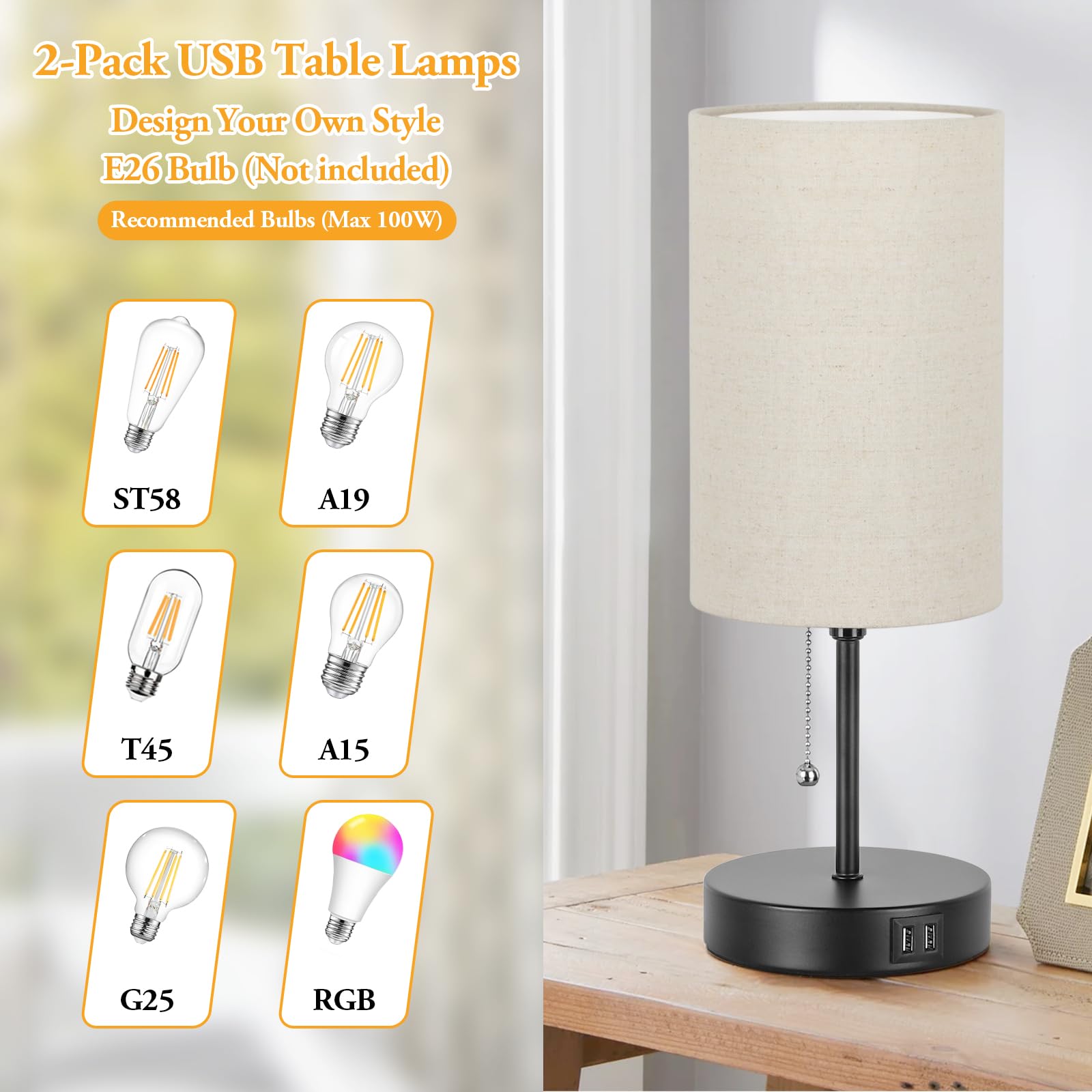 2 Sets Table Lamps With 2 Usb, Minimalist Beside Lamps For Bedroom, Nightstand Lamps With Pull Chain, Desk Lamps With Cream Fabr