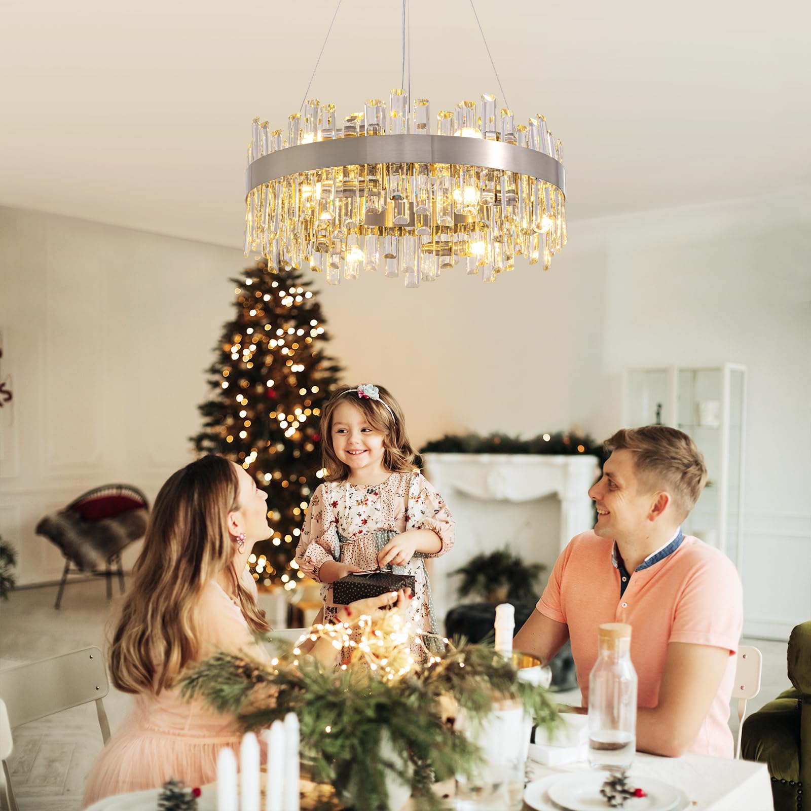 Siljoy Modern Crystal Chandelier, 12-Lights, Polished Chrome, Round D23.6'', Nickel, Model HLP12506SQG