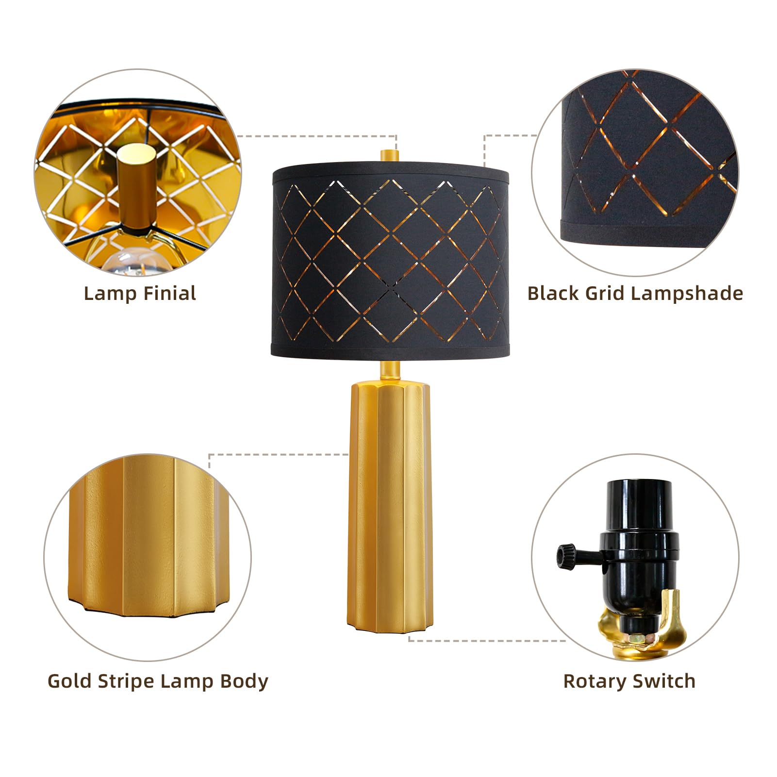 RORIANO 24" Set of 2 Gold Black Grid Table Lamps, Modern Resin Nightstand Lamps, Model LM8929, Includes 2 Bulbs