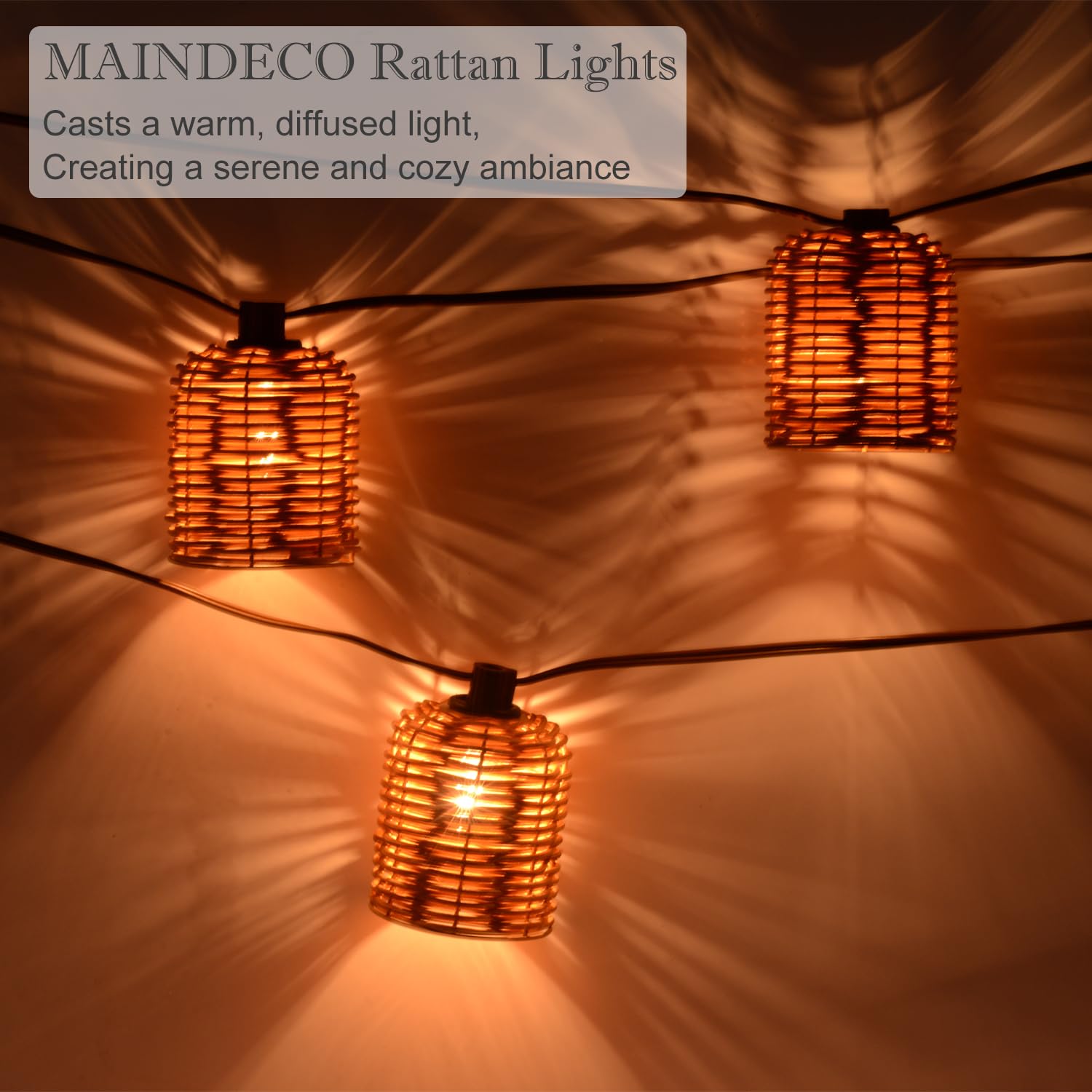 Maindeco Natural Rattan String Lights, 10 Rustic Raffia Cage Lights,16 Ft Plug In & Connectable Wicker Lights, Rustic Farmhouse