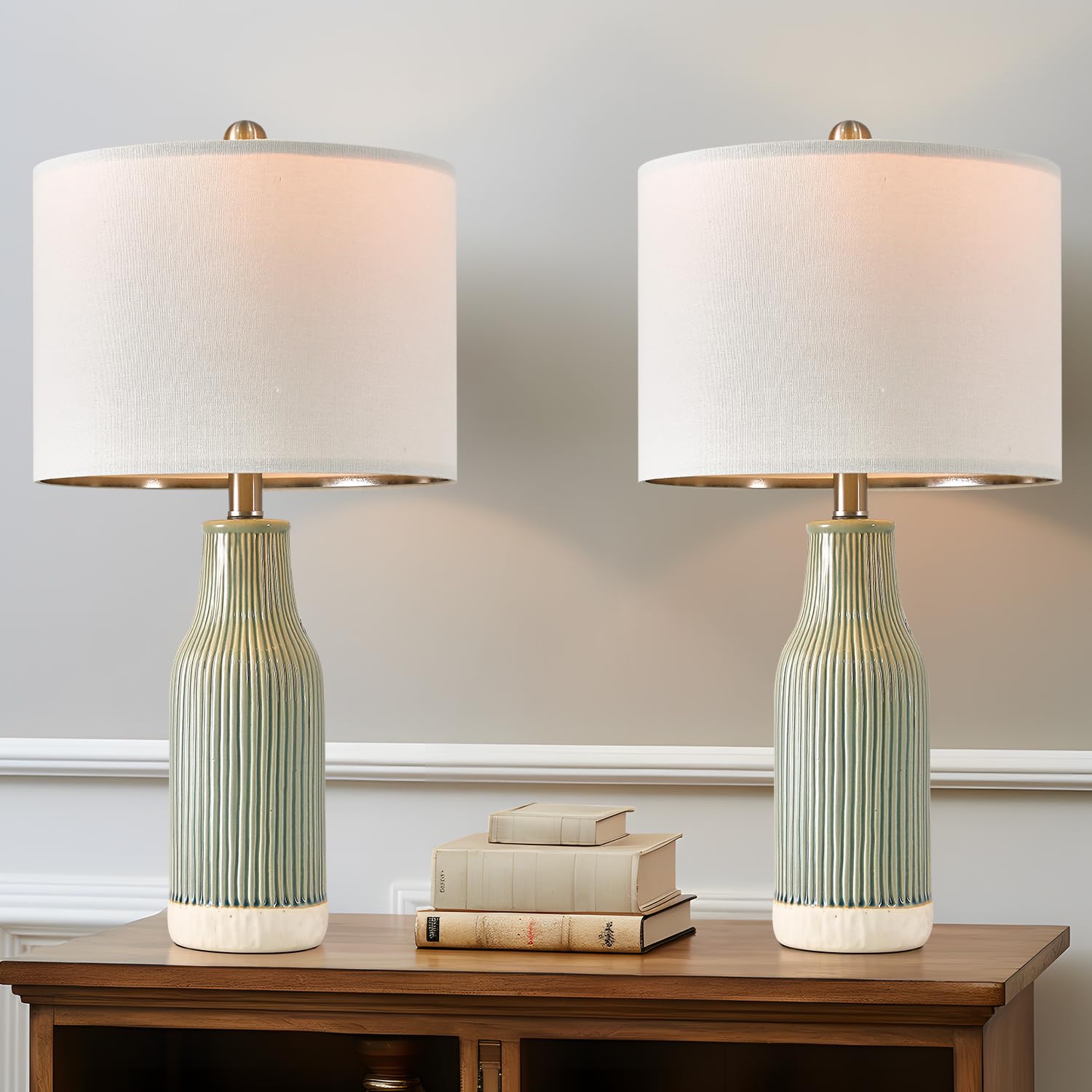 USumkky 23.75'' Modern Green Ceramic Table Lamp Set of 2 for Living Room, Farmhouse Bedside Nightstand Lamp for Bedroom Home Off