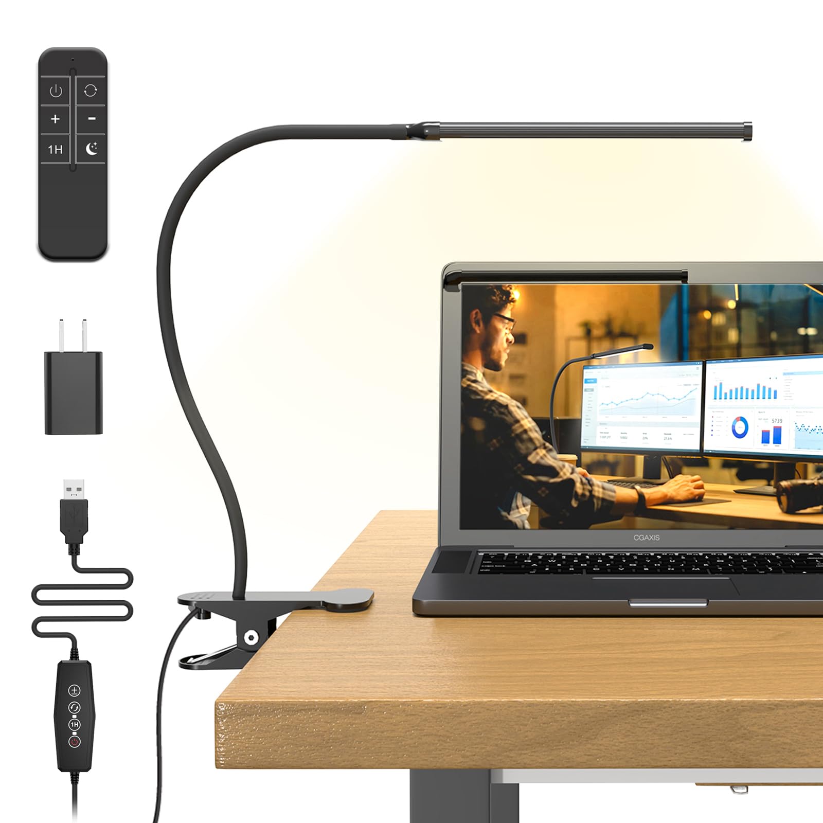 Mojimdo Desk Lamp With Remote, 3 Color & 5 Brightness & 77Led Dimmable Reading Lamp, 15.7'' Flexible Gooseneck Clamp Lamp, Eye-C