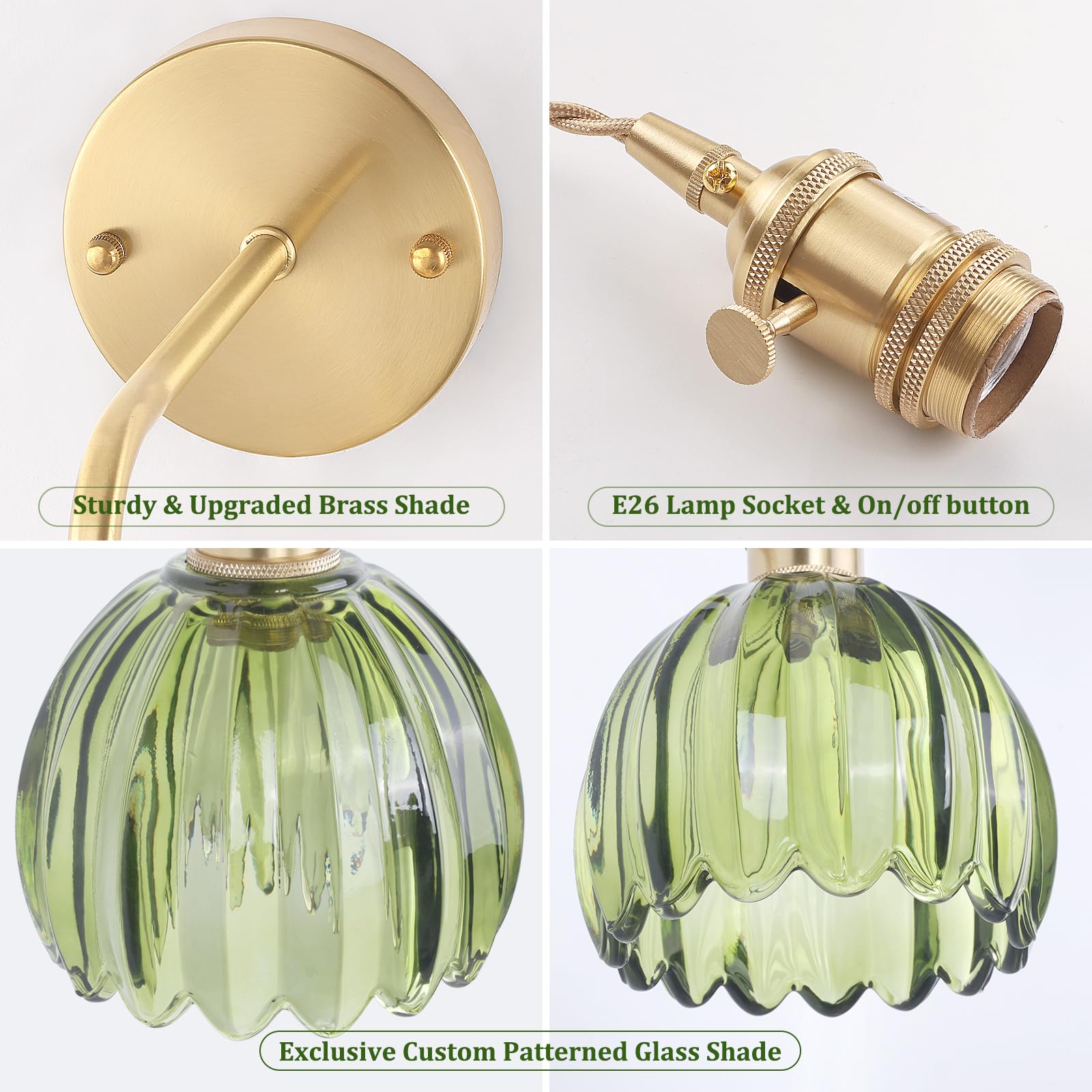 Shenmoyl Vintage Wall Sconce Wall Lamp Green Tulip Shade Pattern Glass Adjustable Chain Retro Gold Wall Mounted Light, Wall Lamp Fixtures Decor For Bedside Bedroom Indoor Doorway