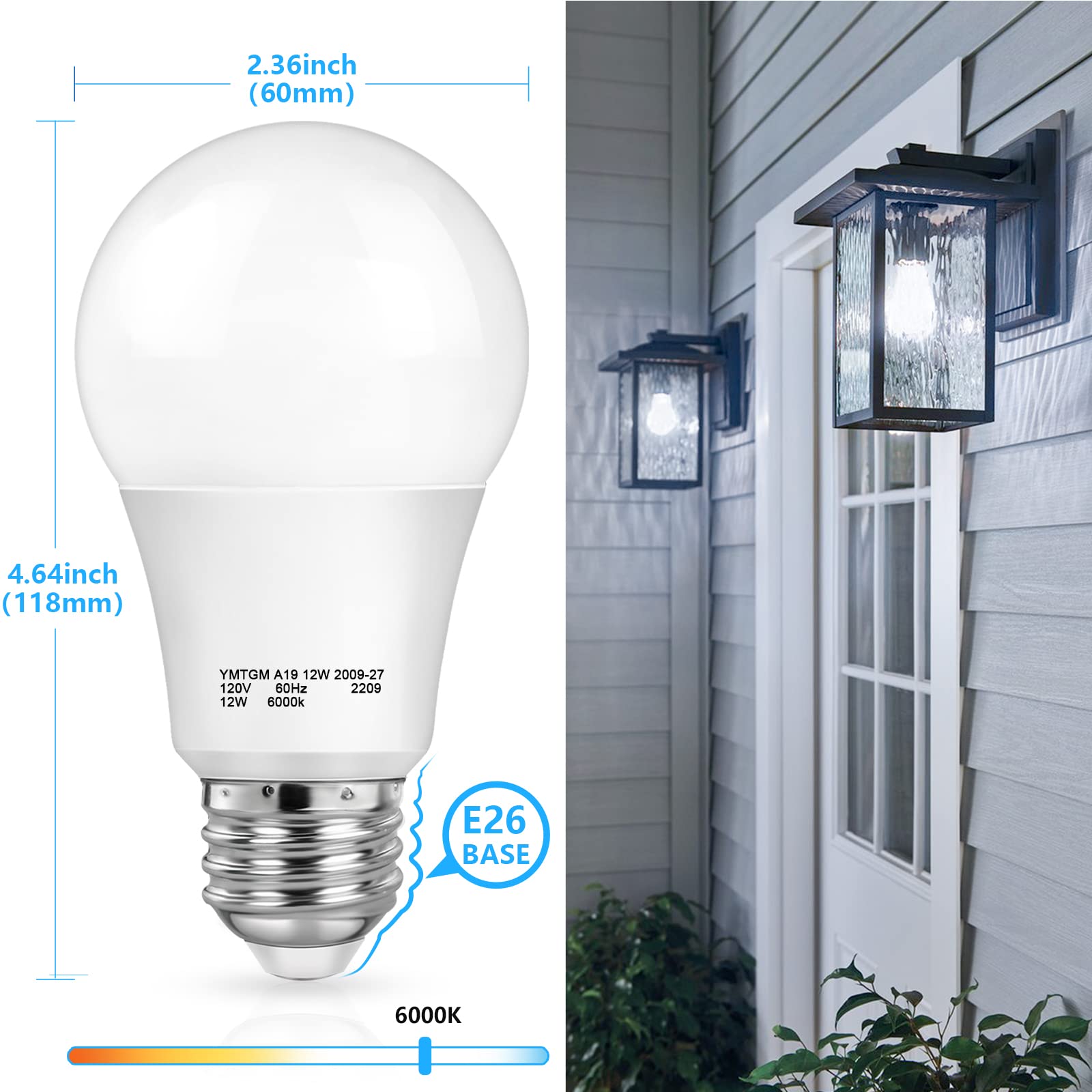 SHINE HAI Dusk to Dawn LED Light Bulbs, A19 12W, Cool White 6000K, 1200 Lumens, E26 Base, 4-Pack