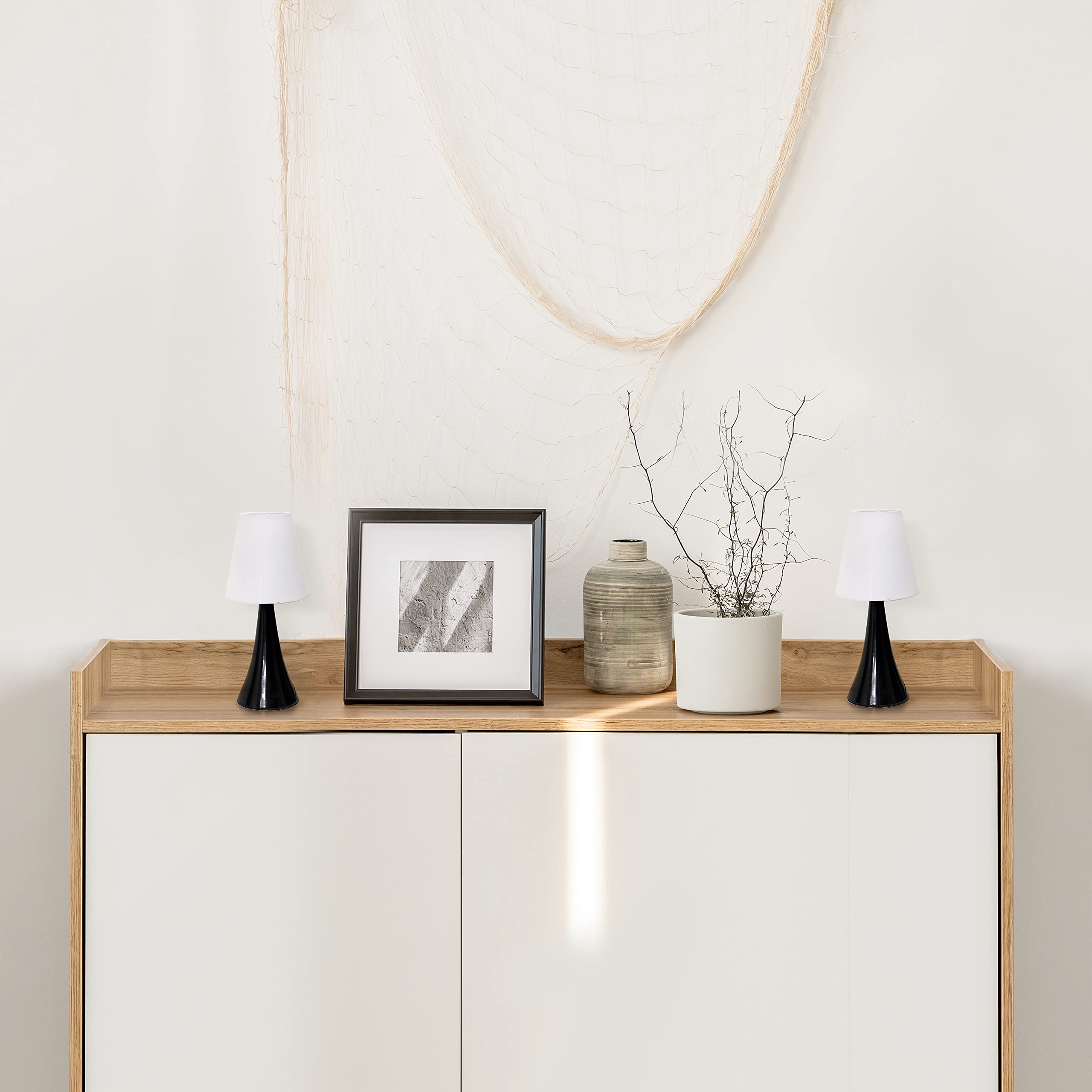 Simple Designs Lt2042-Blk-2Pk 12" Valencia 2 Pk Contemporary 4 Settings Touch Metal Mini Tapered Table Lamp Set W Fabric Shades For Décor,Nightstand,End Table,Bedroom,Living Room,Office,Foyer,Blk Wht