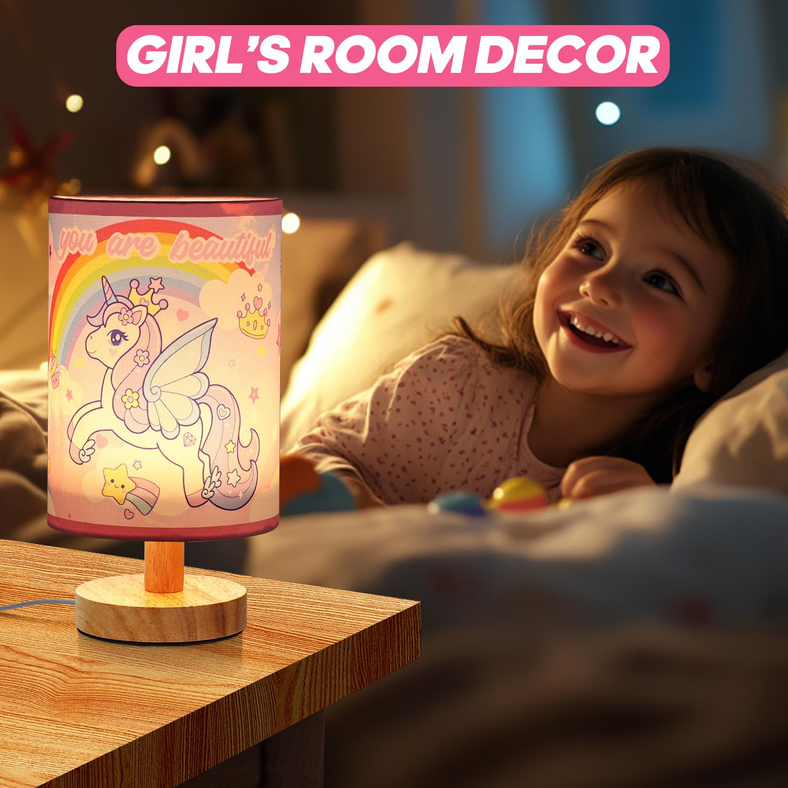 Unicorn Bedside Table Lamp - 3 Colors Dimmable Kids Night Light For Girls Bedroom Desk Reading Night Stand Decor, Cute Unicorn L